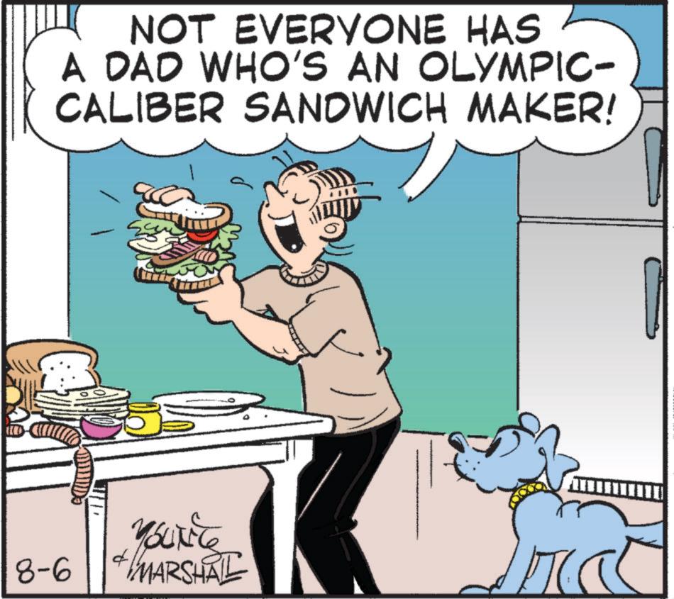 Illustration OCR: D 8-6 NOT EVERYONE HAS A DAD WHO'S AN OLYMPIC- CALIBER SANDWICH MAKER! ?? YOUNIC MARSHAL D 8-6 NOT EVERYONE HAS A DAD WHO'S AN OLYMPIC- CALIBER SANDWICH MAKER ! ?? YOUNIC MARSHAL