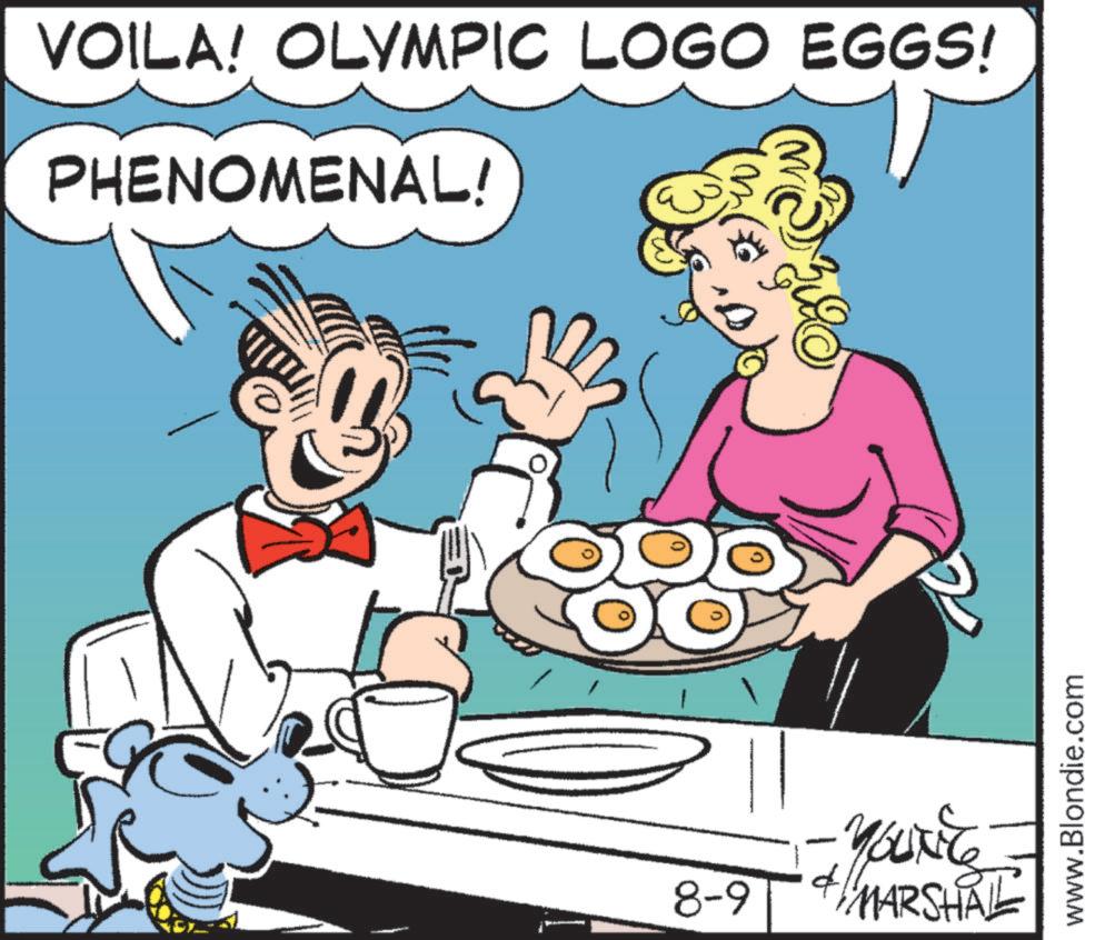 Fictional character OCR: VOILA! OLYMPIC LOGO EGGS! PHENOMENAL! YOUNG 8-9 4 MARSHAL www.Blondie.com VOILA ! OLYMPIC LOGO EGGS ! PHENOMENAL ! YOUNG 8-9 4 MARSHAL www.Blondie.com