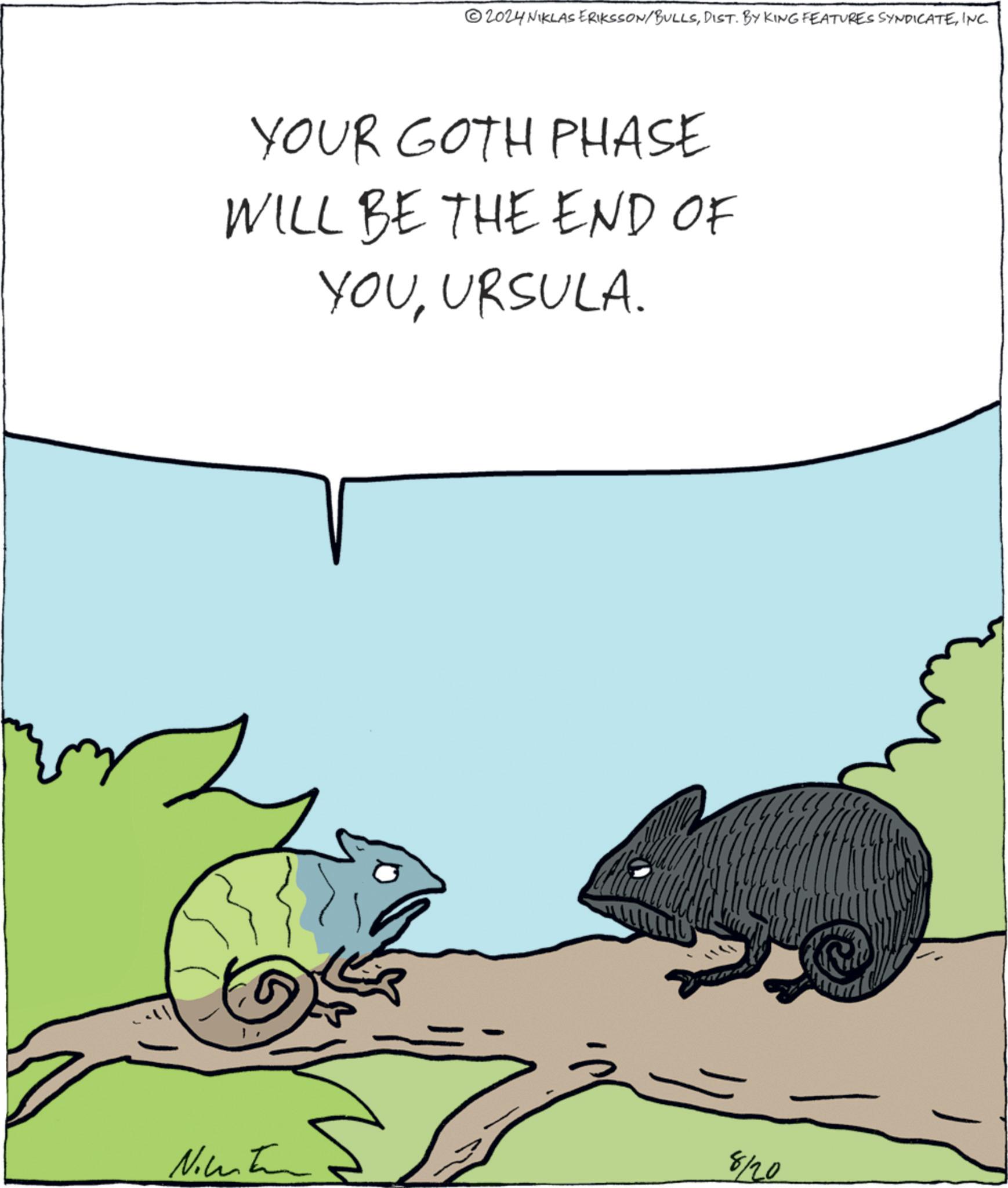 Drawing OCR: 2024 NIKLAS ERIKSSON/BULLSINC. YOUR GOTH PHASE WILL BE THE END OF YOUURSULA. Niceton 8/20 2024 NIKLAS ERIKSSON / BULLSDIST . BY KING FEATURES SYNDICATEINC . YOUR GOTH PHASE WILL BE THE END OF YOUURSULA . Niceton 8/20