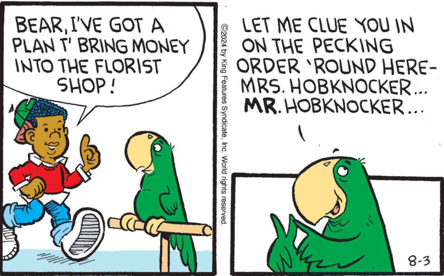 Art OCR: BEARI'VE GOT A PLAN T' BRING MONEY INTO THE FLORIST SHOP! LET ME CLUE YOU IN ON THE PECKING ORDER 'ROUND HERE- MRS. HOBKNOCKER... MR. HOBKNOCKER... ©2024 by King Features SyndicateInc. World rights reserved. 8-3 BEARI'VE GOT A PLAN T ' BRING MONEY INTO THE FLORIST SHOP ! LET ME CLUE YOU IN ON THE PECKING ORDER ' ROUND HERE- MRS . HOBKNOCKER ... MR . HOBKNOCKER ... © 2024 by King Features SyndicateInc. World rights reserved . 8-3