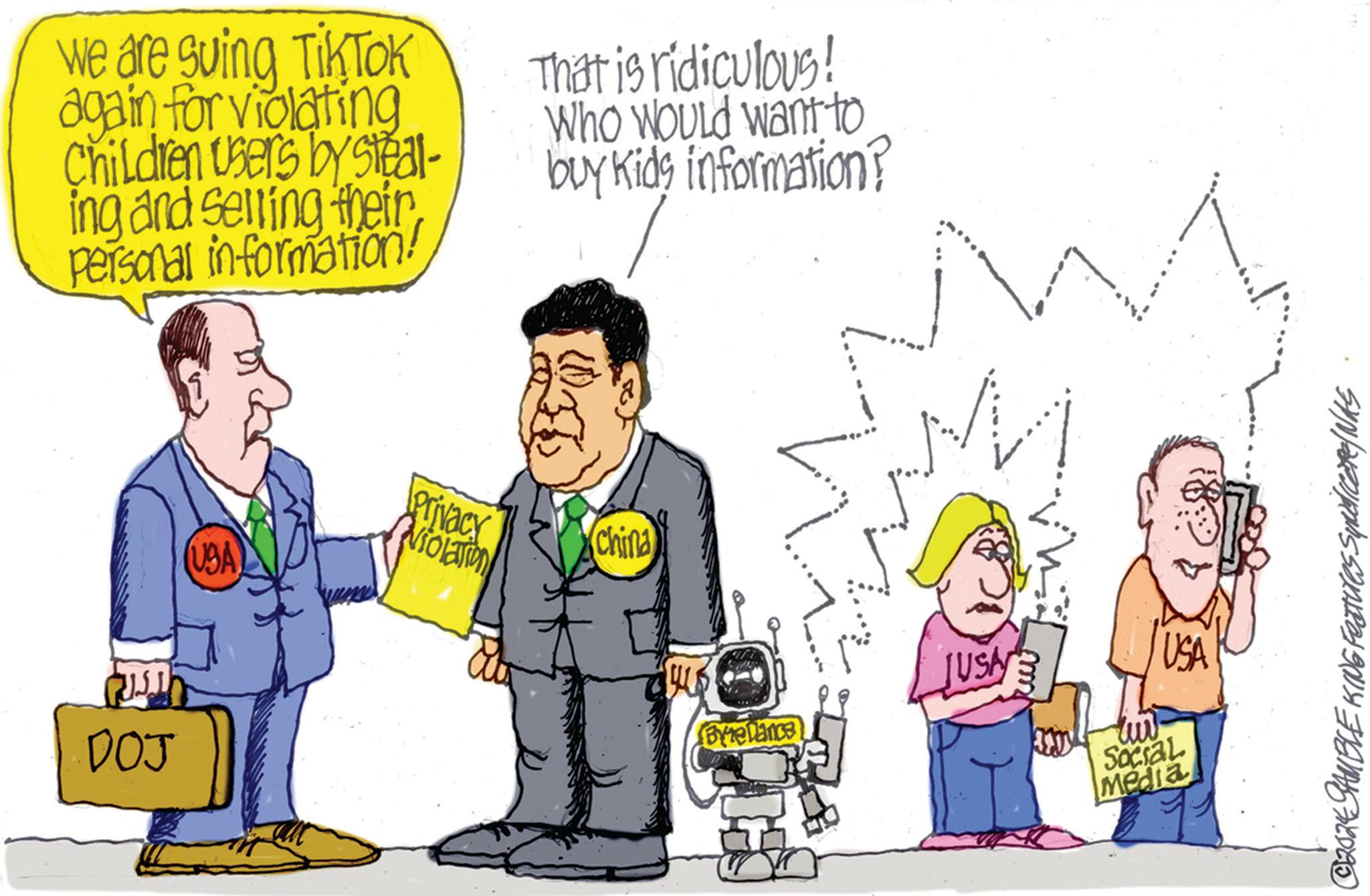 Illustration OCR: we are suing TikTok again for violating Children users by steal- ing and selling their personal information! That is ridiculous! Who Would want to buy kids information? DOJ (USA) Privacy Violation China Bye Dance JUSH m USA Social media ©2024 GAMBLE KING Features Spudicare/ Nas we are suing TikTok again for violating Children users by steal- ing and selling their personal information ! That is ridiculous ! Who Would want to buy kids information ? DOJ ( USA ) Privacy Violation China Bye Dance JUSH m USA Social media © 2024 GAMBLE KING Features Spudicare / Nas