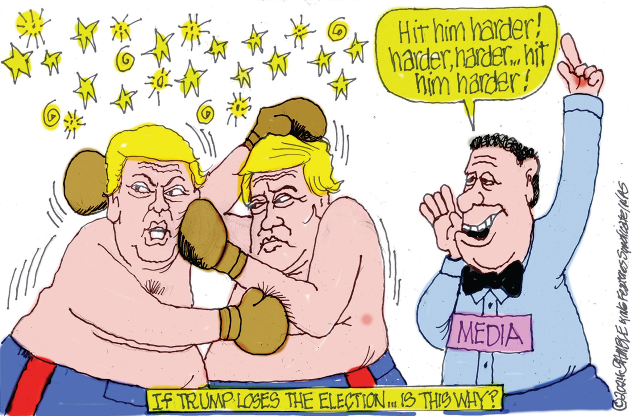 Mammal OCR: ? ? ? Hit him harder! harderharder... hit him harder! MEDIA IF TRUMP LOSES THE ELECTION... IS THIS WHY? © 2024 PAMBLE KING Features Syndicate/NAS ? ? ? Hit him harder ! harderharder ... hit him harder ! MEDIA IF TRUMP LOSES THE ELECTION ... IS THIS WHY ? © 2024 PAMBLE KING Features Syndicate / NAS
