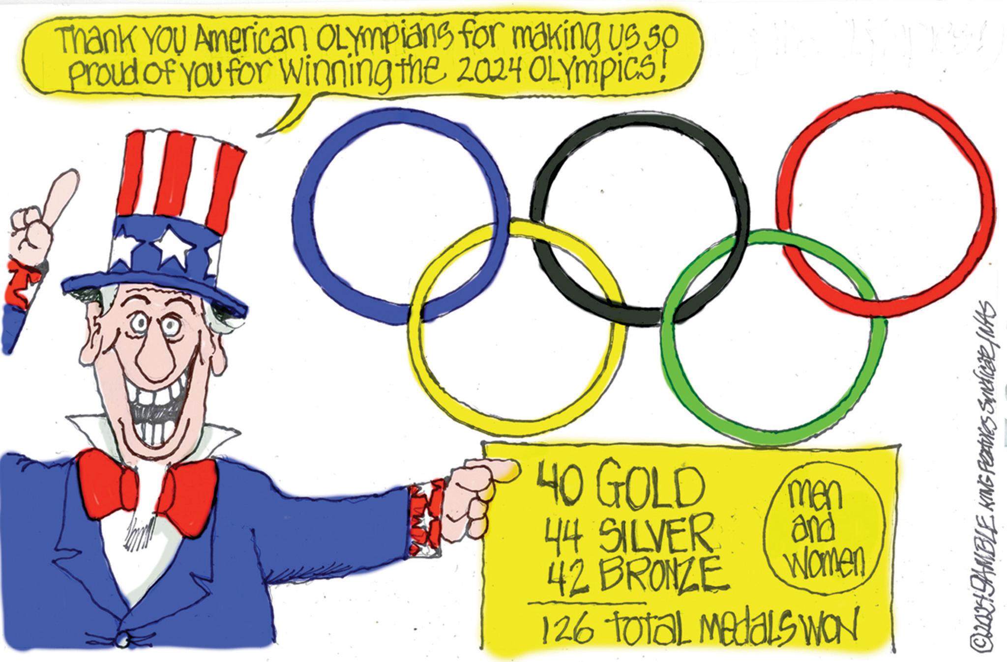 Illustration OCR: Thank You American Olympians for making us so proud of you for Winning the 2024 Olympics! 0 40 GOLD 44 SILVER men 42 BRONZE and Women 126 Total Medals WON ©2024 GAMBLE KING Features Syndicate / WAS Thank You American Olympians for making us so proud of you for Winning the 2024 Olympics ! 0 40 GOLD 44 SILVER men 42 BRONZE and Women 126 Total Medals WON © 2024 GAMBLE KING Features Syndicate / WAS