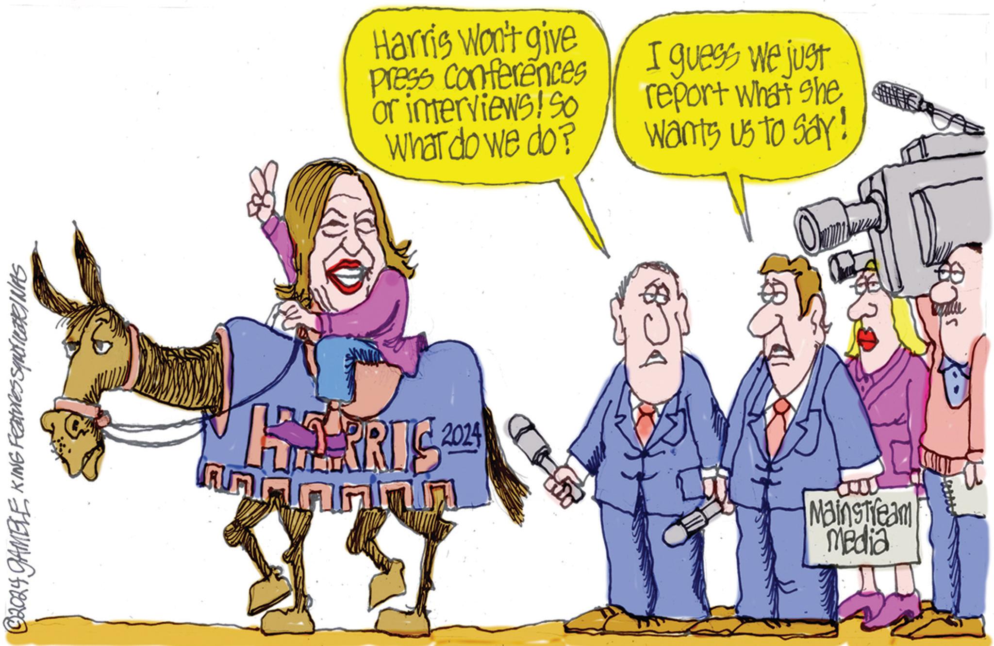 Parallel OCR: © 2024 GAMBLEKING Features SyndicaRINAS HERRIC 2024 D Harris Won't give Press conferences or interviews! So What do we do? I guess we just report what she wants us to say! Mainstream Media © 2024 GAMBLEKING Features SyndicaRINAS HERRIC 2024 D Harris Won't give Press conferences or interviews ! So What do we do ? I guess we just report what she wants us to say ! Mainstream Media