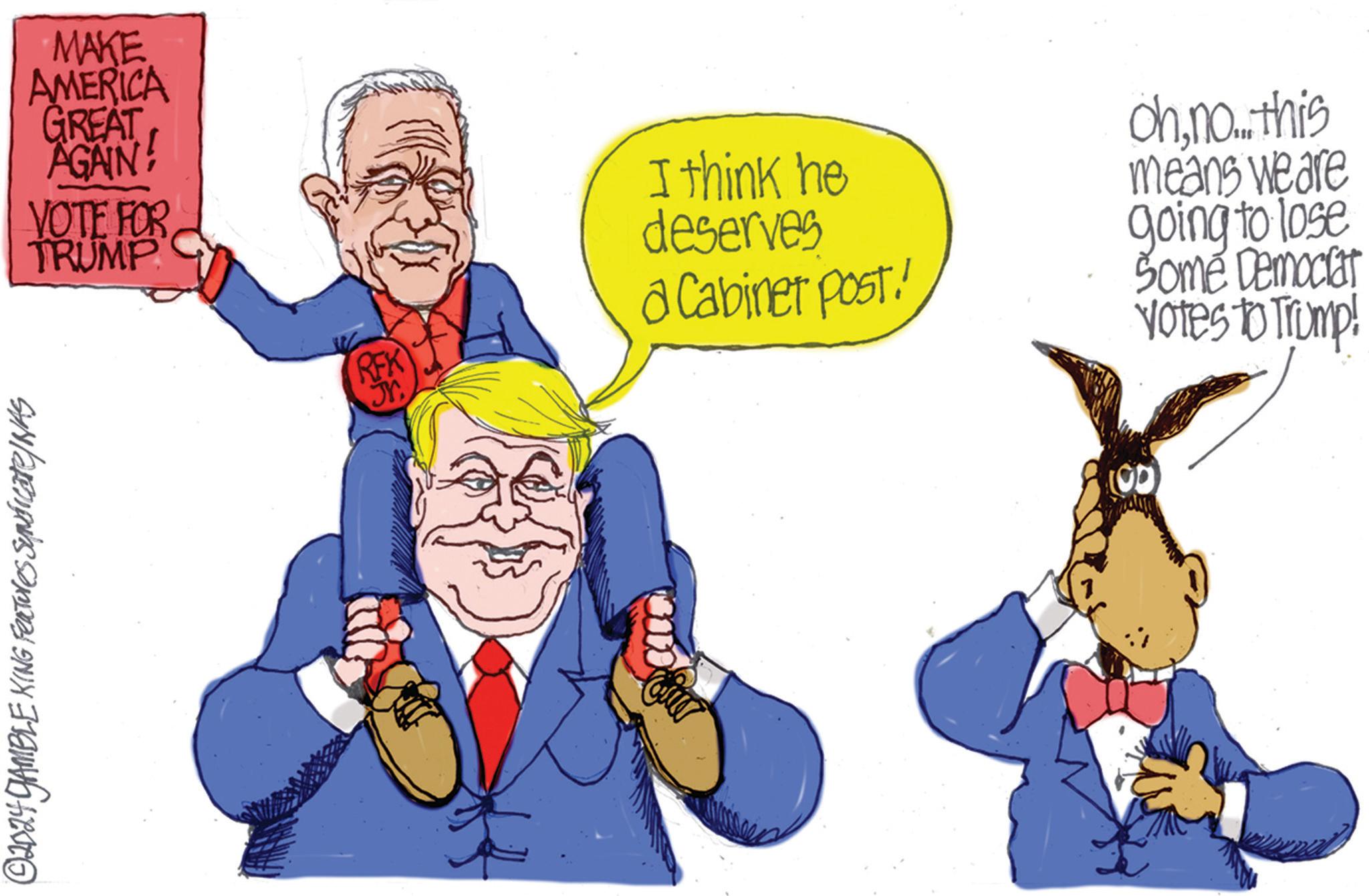 Font OCR: ©2024 GAMBLE KING Features Syndicate/NAS MAKE AMERICA GREAT AGAIN! VOTE FOR TRUMP I think he deserves REK a Cabinet post! Jr. oh.no... this means we are going to lose Some Democrat Votes to Trump! © 2024 GAMBLE KING Features Syndicate / NAS MAKE AMERICA GREAT AGAIN ! VOTE FOR TRUMP I think he deserves REK a Cabinet post ! Jr. oh.no ... this means we are going to lose Some Democrat Votes to Trump !