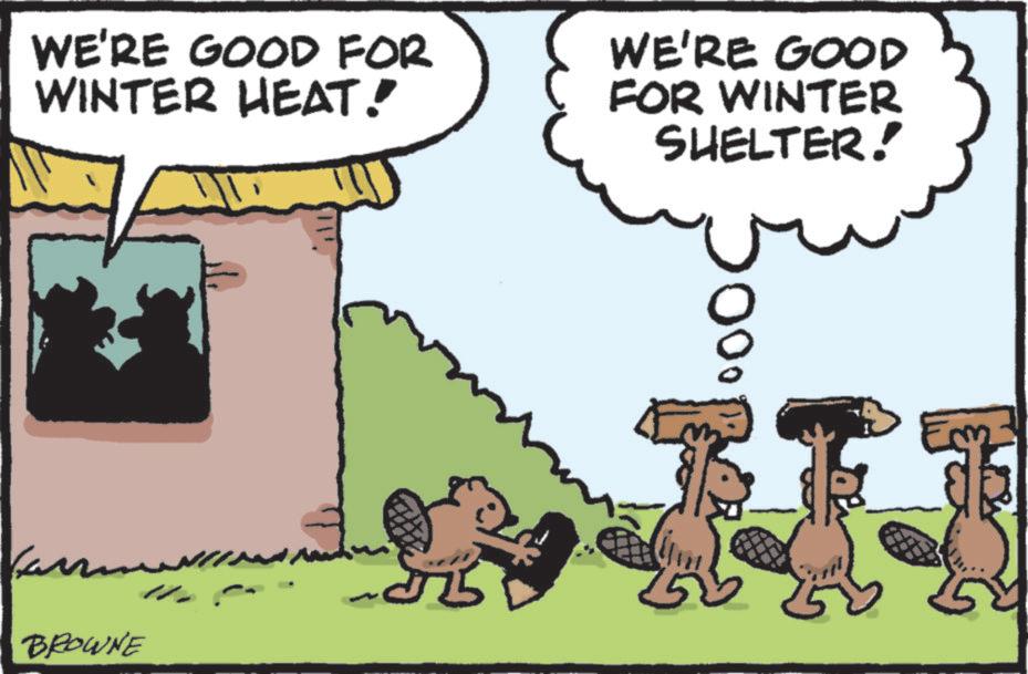 People OCR: WE'RE GOOD FOR WINTER HEAT! WE'RE GOOD FOR WINTER SHELTER! BROWNE WE'RE GOOD FOR WINTER HEAT ! WE'RE GOOD FOR WINTER SHELTER ! BROWNE