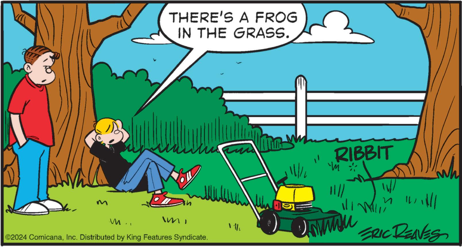 People in nature OCR: THERE'S A FROG IN THE GRASS. und RIBBIT ?? 11/1 m M.. ©2024 ComicanaInc. Distributed by King Features Syndicate. ? in willl UMMAM ERIC RENES THERE'S A FROG IN THE GRASS . und RIBBIT ?? 11/1 m M .. © 2024 ComicanaInc. Distributed by King Features Syndicate . ? in willl UMMAM ERIC RENES