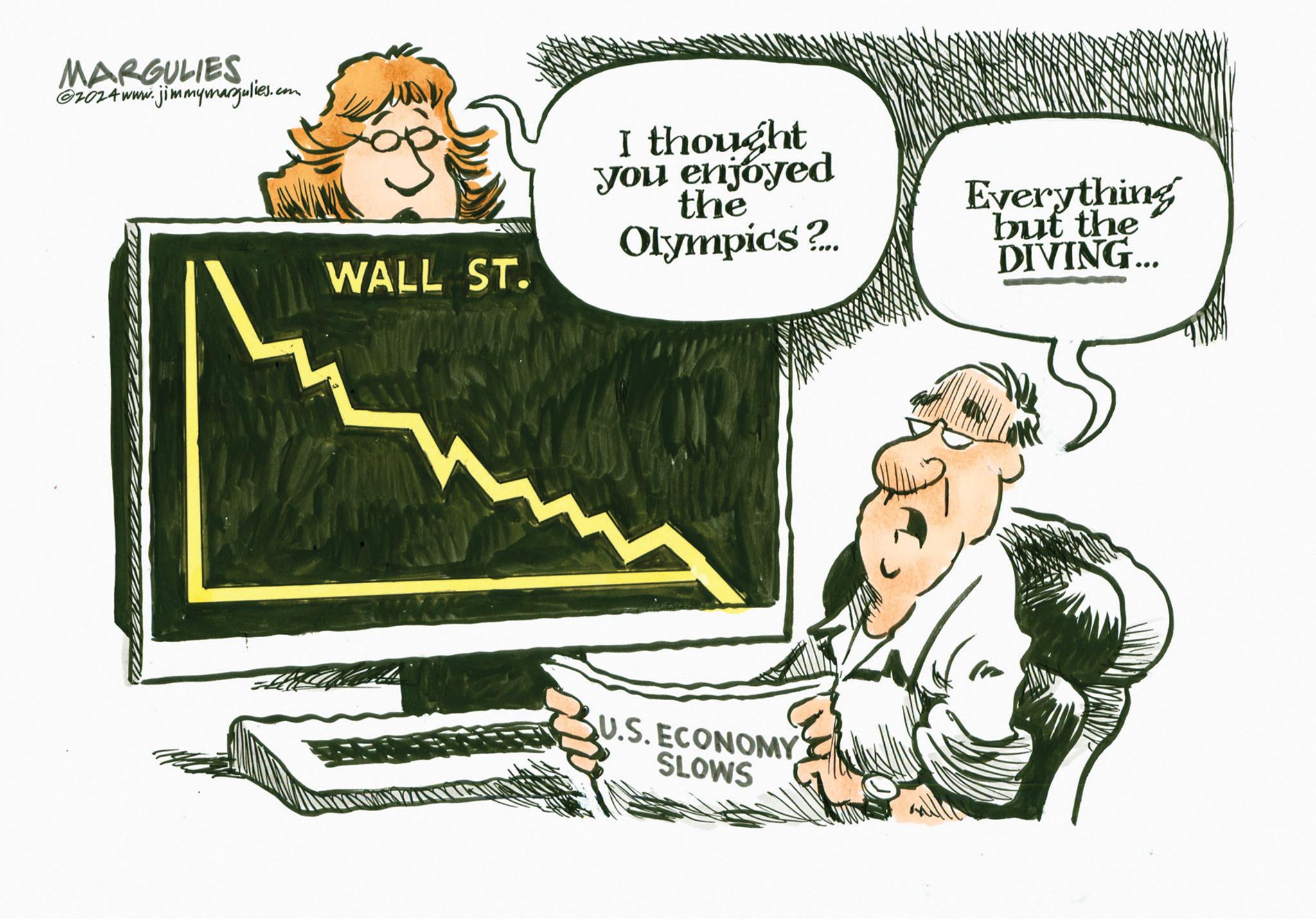 Photo caption OCR: MARGULIES @2024www.jimmymargulies.com WALL ST. I thought you enjoyed the Olympics ?.. Everything but the DIVING... U.S. ECONOMY SLOWS MARGULIES @ 2024www.jimmymargulies.com WALL ST . I thought you enjoyed the Olympics ? .. Everything but the DIVING ... U.S. ECONOMY SLOWS