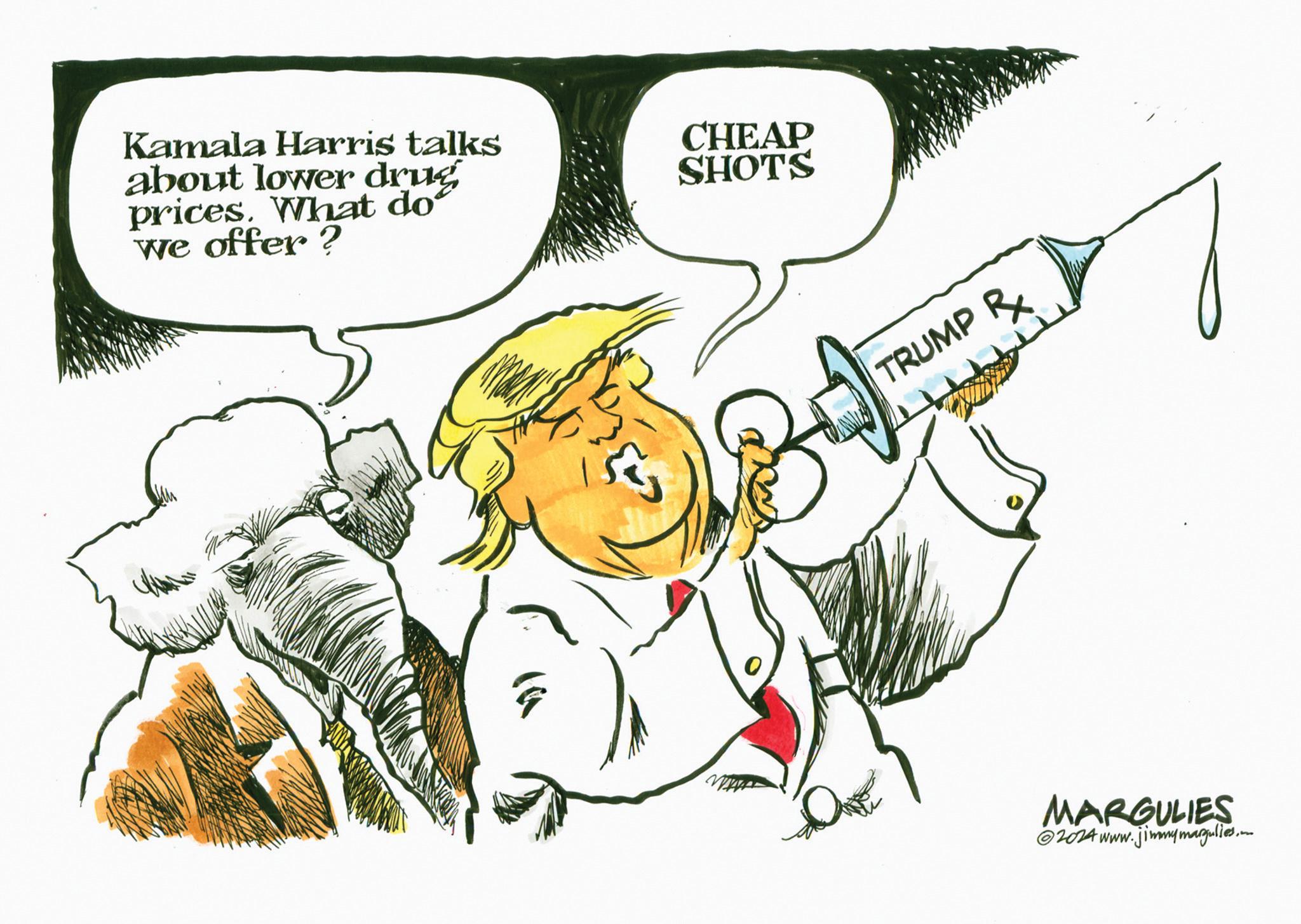 Sharing OCR: Kamala Harris talks about lower drug prices. What do we offer? CHEAP SHOTS TRUMP R MARGULIES 2024 www.jimmymargulies... Kamala Harris talks about lower drug prices . What do we offer ? CHEAP SHOTS TRUMP R MARGULIES 2024 www.jimmymargulies ...