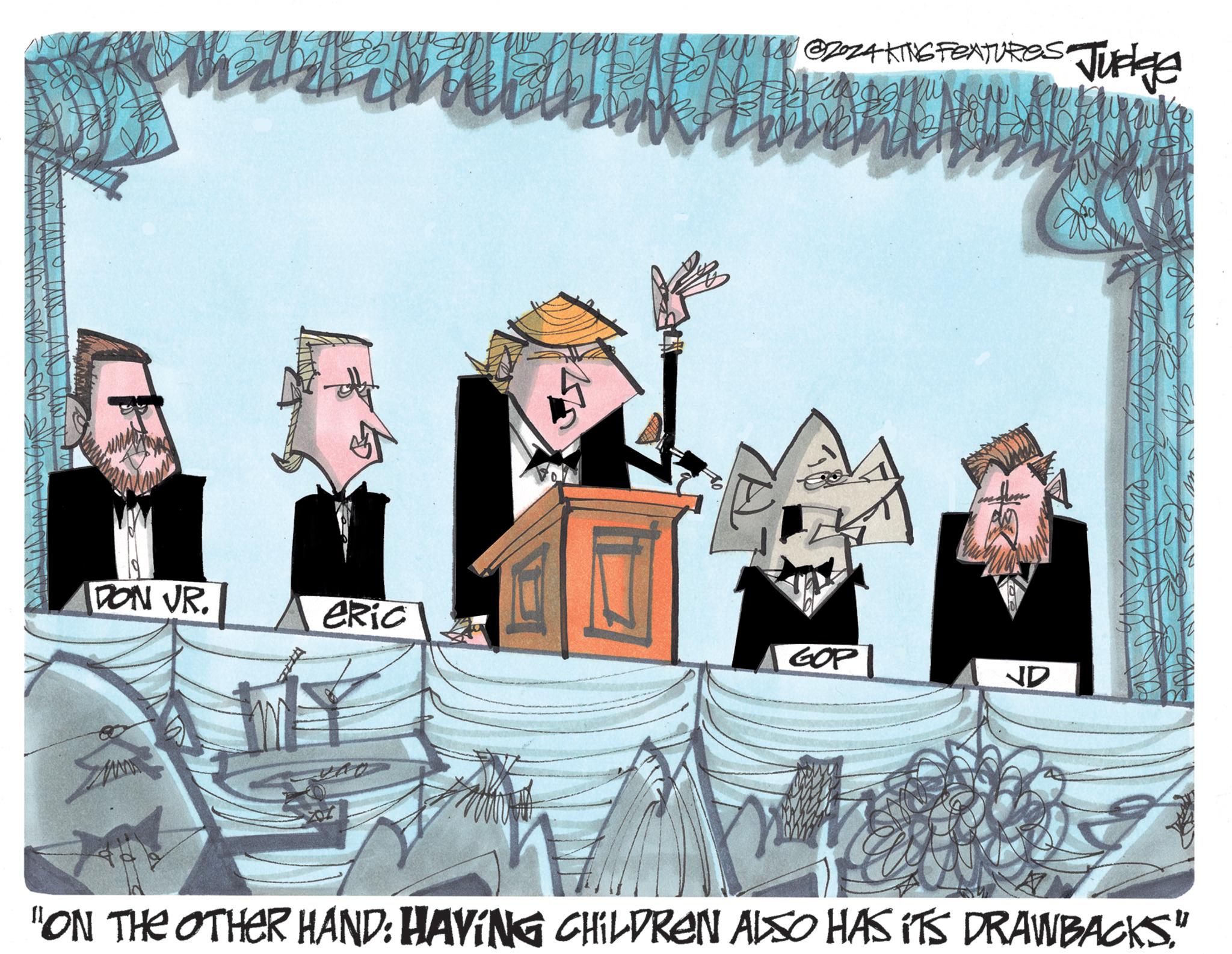 Drawing OCR: 224 KGFEXTURES. DON VR. eRic GOP ND Judge "ON THE OTHER HAND: HAVING CHILDREN ALSO HAS ITS DRAWBACKS." 224 KGFEXTURES . DON VR . eRic GOP ND Judge " ON THE OTHER HAND : HAVING CHILDREN ALSO HAS ITS DRAWBACKS . "