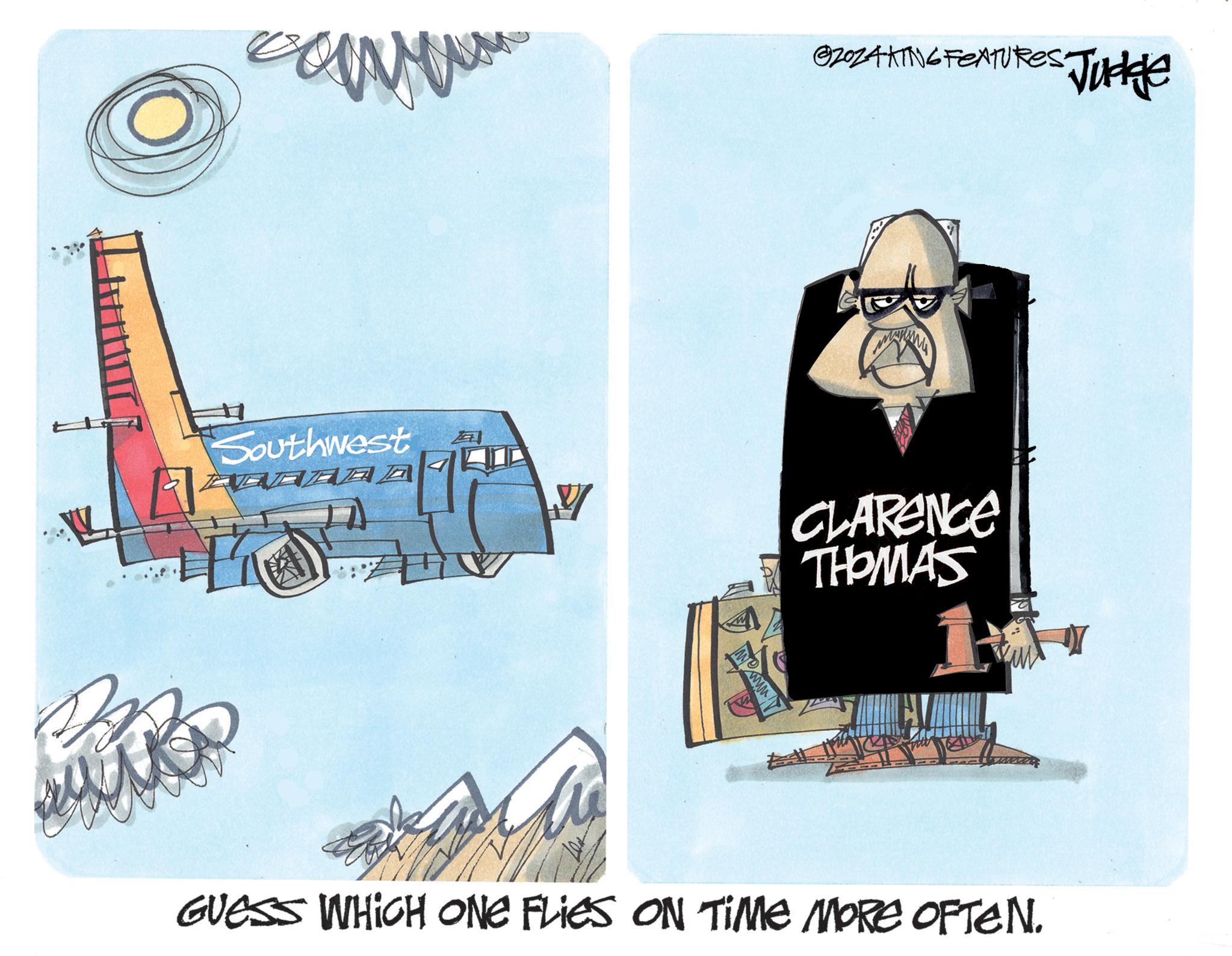 Illustration OCR: Southwest BROZAKING FEATURES JU Judge CLARENCE THOMAS GUESS WHICH ONE FLIES ON TIME MORE OFTEN. Southwest BROZAKING FEATURES JU Judge CLARENCE THOMAS GUESS WHICH ONE FLIES ON TIME MORE OFTEN .