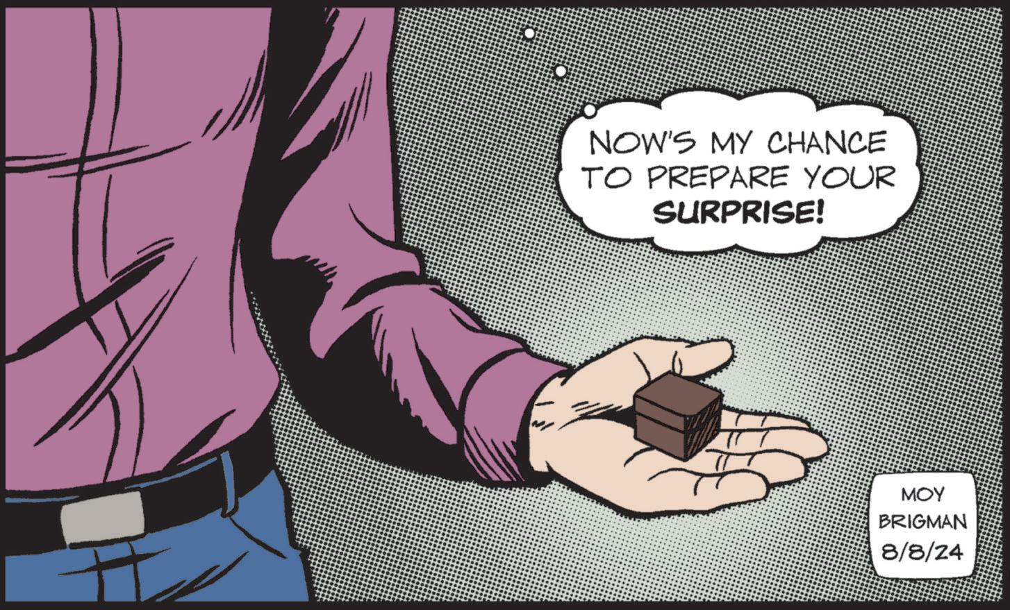 Cartoon OCR: NOW'S MY CHANCE TO PREPARE YOUR SURPRISE! MOY BRIGMAN 8/8/24 NOW'S MY CHANCE TO PREPARE YOUR SURPRISE ! MOY BRIGMAN 8/8/24