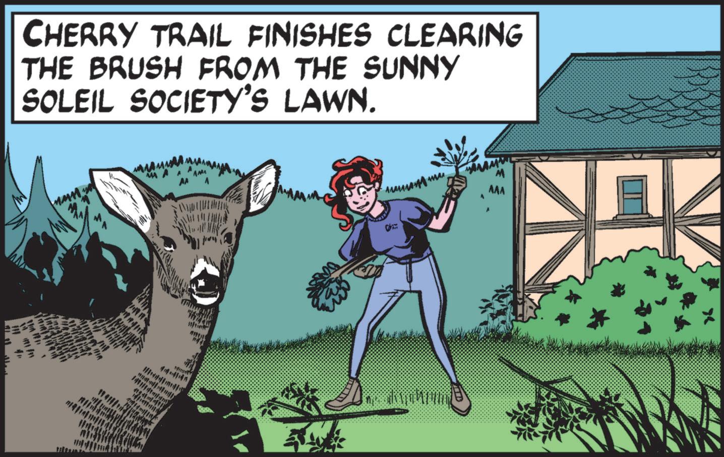 Drawing OCR: CHERRY TRAIL FINISHES CLEARING THE BRUSH FROM THE SUNNY SOLEIL SOCIETY'S LAWN. MA A AA 434 ? M AAA A CHERRY TRAIL FINISHES CLEARING THE BRUSH FROM THE SUNNY SOLEIL SOCIETY'S LAWN . MA A AA 434 ? M AAA A