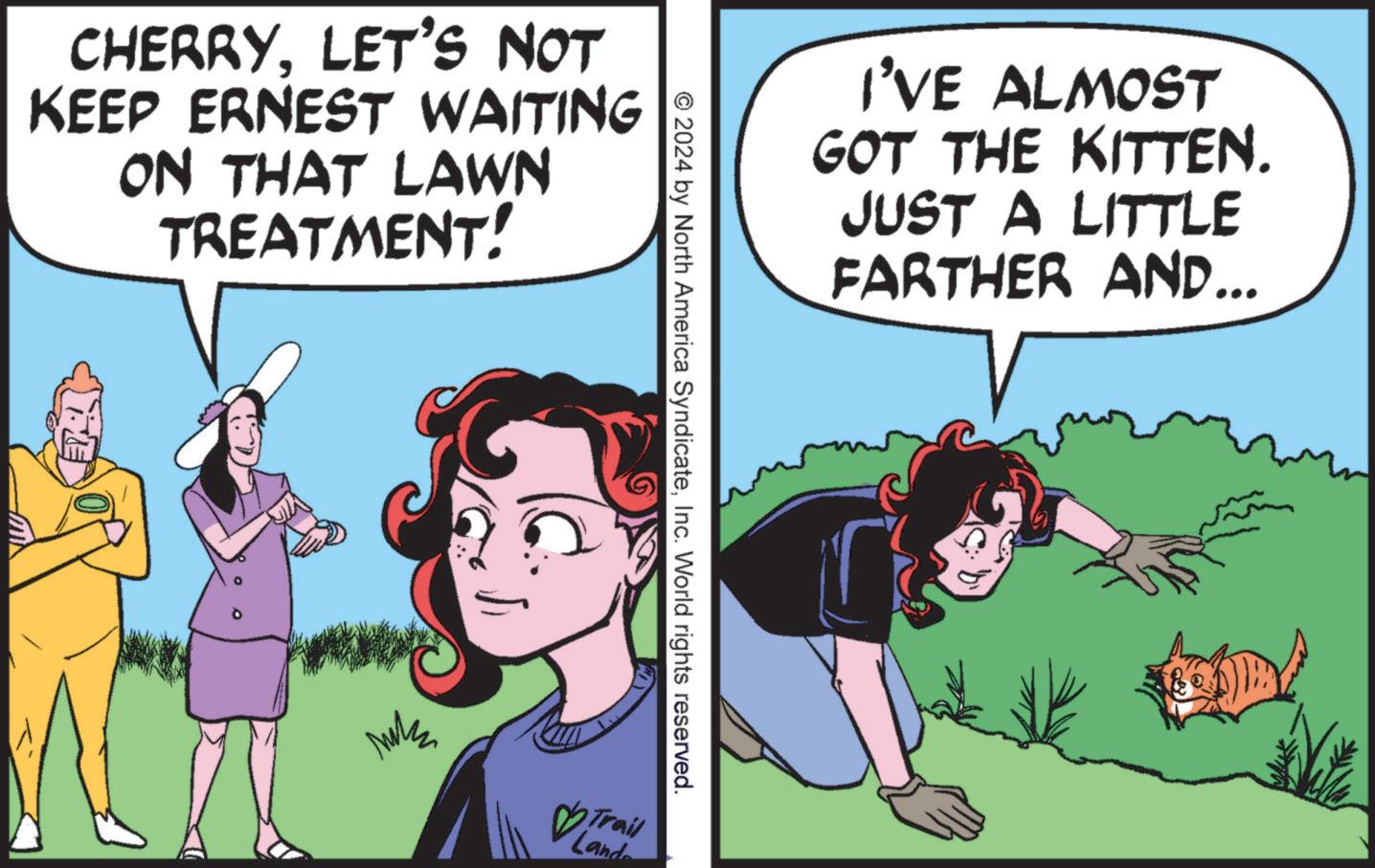 Art OCR: CHERRYLET'S NOT KEEP ERNEST WAITING ON THAT LAWN TREATMENT! I'VE ALMOST GOT THE KITTEN. JUST A LITTLE FARTHER AND... © 2024 by North America SyndicateInc. World rights reserved. ?Trail Land CHERRYLET'S NOT KEEP ERNEST WAITING ON THAT LAWN TREATMENT ! I'VE ALMOST GOT THE KITTEN . JUST A LITTLE FARTHER AND ... © 2024 by North America SyndicateInc. World rights reserved . ? Trail Land