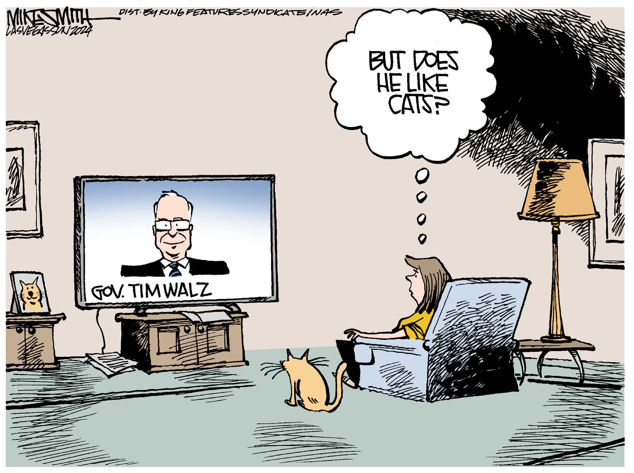 Illustration OCR: MIKE MITH LASVEGASSUN 2024 _DIST. BY KING FEATURES SYNDICATE INAS GOV. TIM WALZ BUT DOES HE LIKE CATSP MIKE MITH LASVEGASSUN 2024 _DIST . BY KING FEATURES SYNDICATE INAS GOV . TIM WALZ BUT DOES HE LIKE CATSP