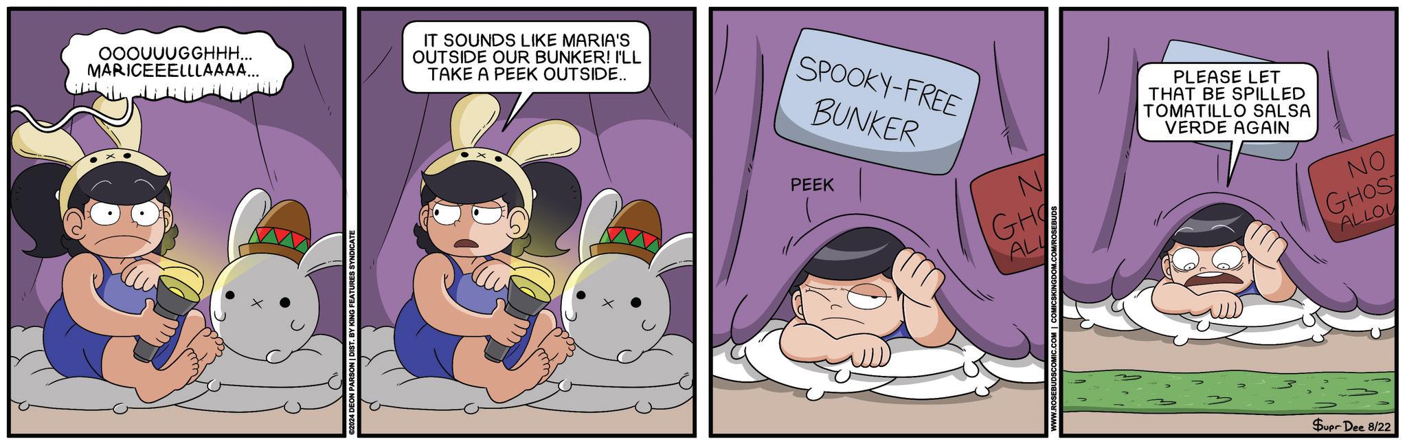 Internet meme OCR: OOOUUUGGHHH... MARICEEELLLAAAA... IT SOUNDS LIKE MARIA'S OUTSIDE OUR BUNKER! I'LL TAKE A PEEK OUTSIDE.. ©2024 DEON PARSON | DIST. BY KING FEATURES SYNDICATI SPOOKY-FREE BUNKER PEEK GH ALL PLEASE LET THAT BE SPILLED TOMATILLO SALSA VERDE AGAIN NO GHOS ALLOU Supr Dee 8/22 OOOUUUGGHHH ... MARICEEELLLAAAA ... IT SOUNDS LIKE MARIA'S OUTSIDE OUR BUNKER ! I'LL TAKE A PEEK OUTSIDE .. © 2024 DEON PARSON | DIST . BY KING FEATURES SYNDICATI SPOOKY - FREE BUNKER PEEK GH ALL PLEASE LET THAT BE SPILLED TOMATILLO SALSA VERDE AGAIN NO GHOS ALLOU Supr Dee 8/22