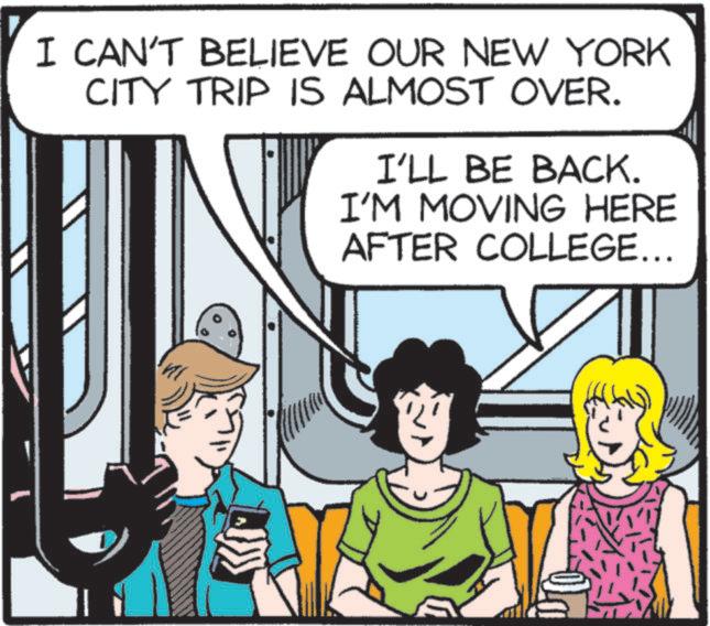 Illustration OCR: I CAN'T BELIEVE OUR NEW YORK CITY TRIP IS ALMOST OVER. I'LL BE BACK. I'M MOVING HERE AFTER COLLEGE….. I CAN'T BELIEVE OUR NEW YORK CITY TRIP IS ALMOST OVER . I'LL BE BACK . I'M MOVING HERE AFTER COLLEGE … ..