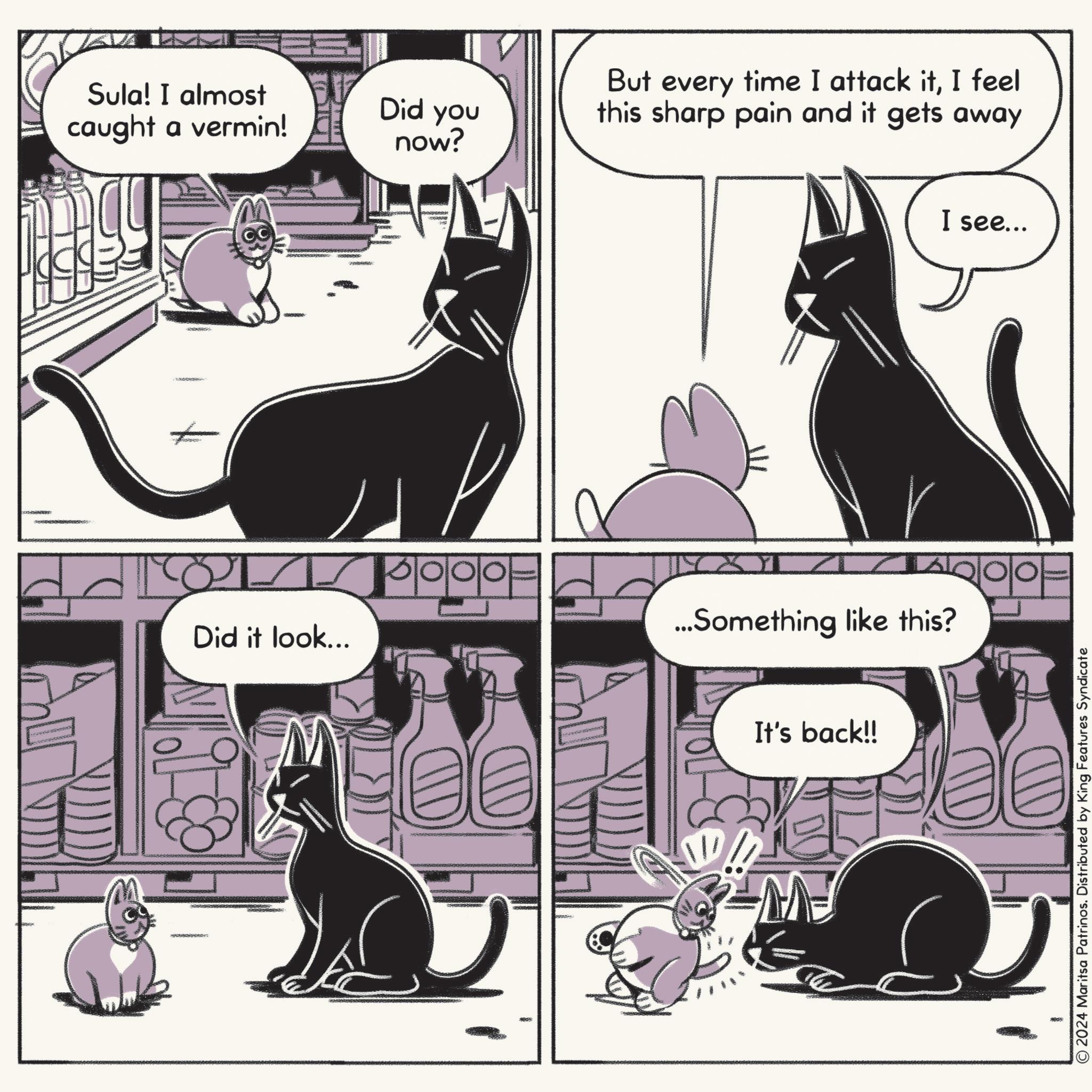 Fiction OCR: Sula! I almost caught a vermin! Did you now? But every time I attack itI feel this sharp pain and it gets away Did it look... 0000 ??? ...Something like this? It's back!! I see... © 2024 Maritsa Patrinos. Distributed by King Features Syndicate Sula ! I almost caught a vermin ! Did you now ? But every time I attack itI feel this sharp pain and it gets away Did it look ... 0000 ??? ... Something like this ? It's back !! I see ... © 2024 Maritsa Patrinos . Distributed by King Features Syndicate