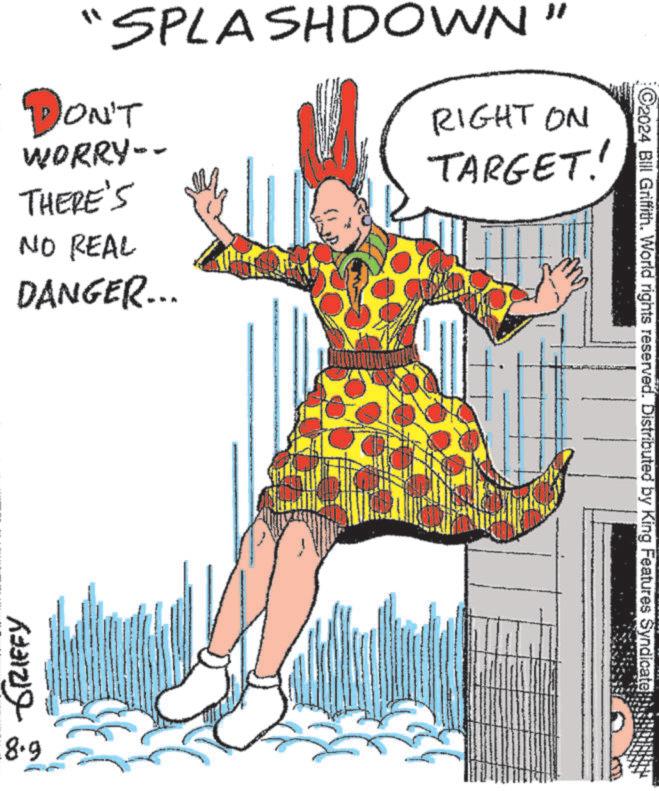 Handwriting OCR: C2024 Bill Griffith. World rights reserved. Distributed by King Features Syndicate "SPLASHDOWN DON'T WORRY-- THERE'S NO REAL DANGER... RIGHT ON TARGET! 5331219 8.9 C2024 Bill Griffith . World rights reserved . Distributed by King Features Syndicate " SPLASHDOWN DON'T WORRY-- THERE'S NO REAL DANGER ... RIGHT ON TARGET ! 5331219 8.9