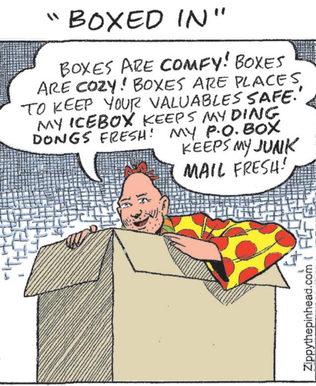Illustration OCR: " BOXED IN" BOXES ARE COMFY! BOXES ARE COZY! BOXES ARE PLACES TO KEEP YOUR VALUABLES SAFE.' MY ICEBOX KEEPS MY DING DONGS FRESH! MY P.O.BOX KEEPS MY JUNK MAIL FRESH! Zippythepinhead.com " BOXED IN " BOXES ARE COMFY ! BOXES ARE COZY ! BOXES ARE PLACES TO KEEP YOUR VALUABLES SAFE . ' MY ICEBOX KEEPS MY DING DONGS FRESH ! MY P.O.BOX KEEPS MY JUNK MAIL FRESH ! Zippythepinhead.com
