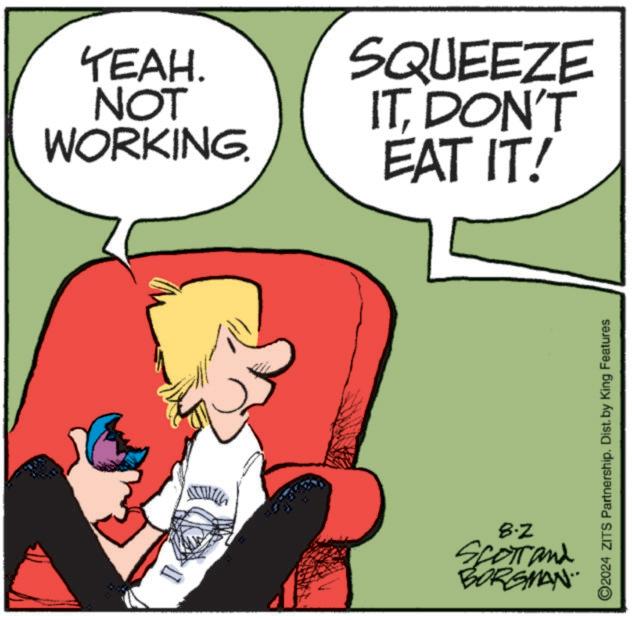 Art OCR: TEAH. NOT WORKING. T SQUEEZE ITDON'T EAT IT! ©2024 ZITS Partnership. Dist. by King Features 8-2 Scott and BORGMAN. TEAH . NOT WORKING . T SQUEEZE ITDON'T EAT IT ! © 2024 ZITS Partnership . Dist . by King Features 8-2 Scott and BORGMAN .