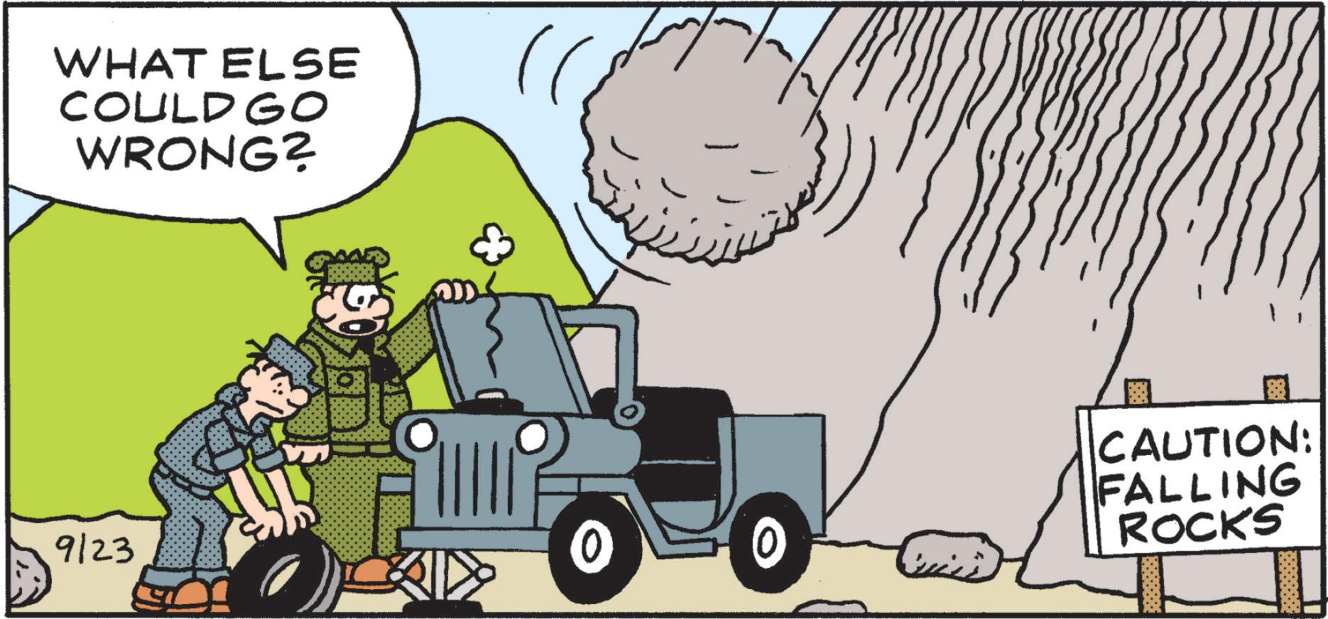 Art OCR: WHAT ELSE COULD GO WRONG? CAUTION: FALLING 9123 0 ROCKS WHAT ELSE COULD GO WRONG ? CAUTION : FALLING 9123 0 ROCKS