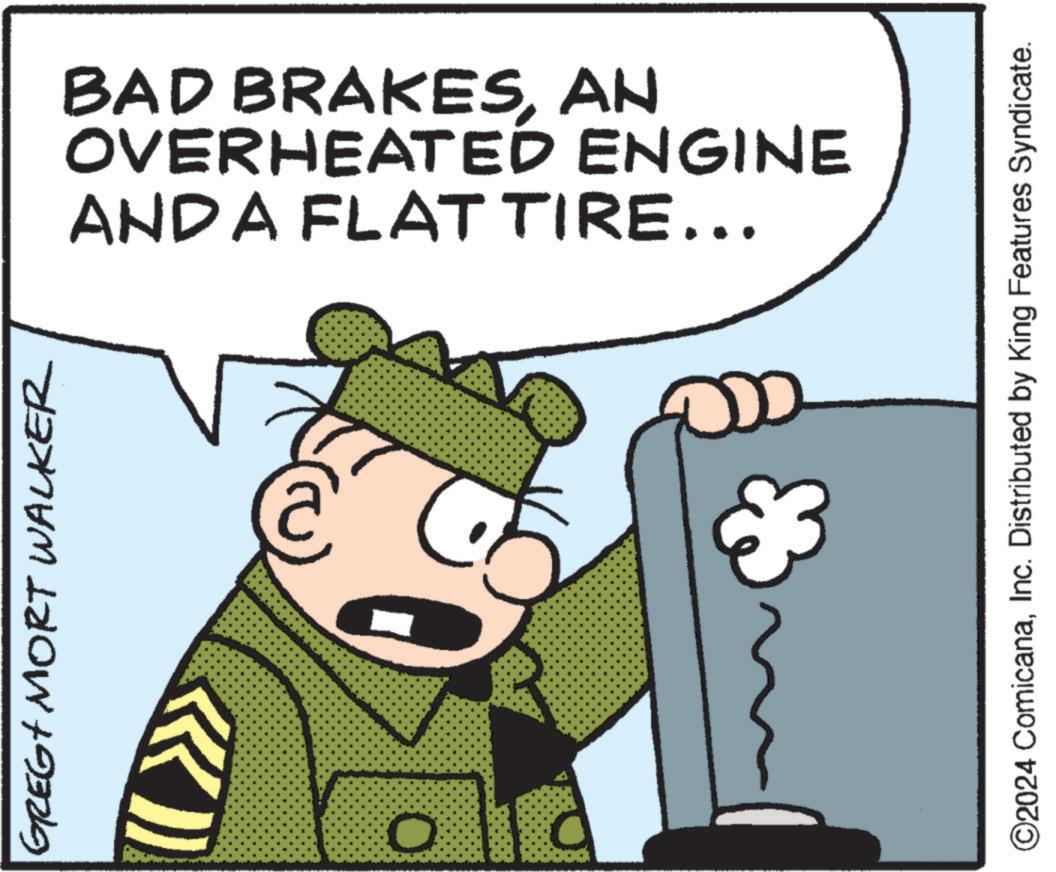 Font OCR: GREG MORT WALKER 0 AND A FLAT TIRE... OVERHEATED ENGINE BAD BRAKESAN ©2024 ComicanaInc. Distributed by King Features Syndicate. GREG MORT WALKER 0 AND A FLAT TIRE ... OVERHEATED ENGINE BAD BRAKESAN © 2024 ComicanaInc. Distributed by King Features Syndicate .