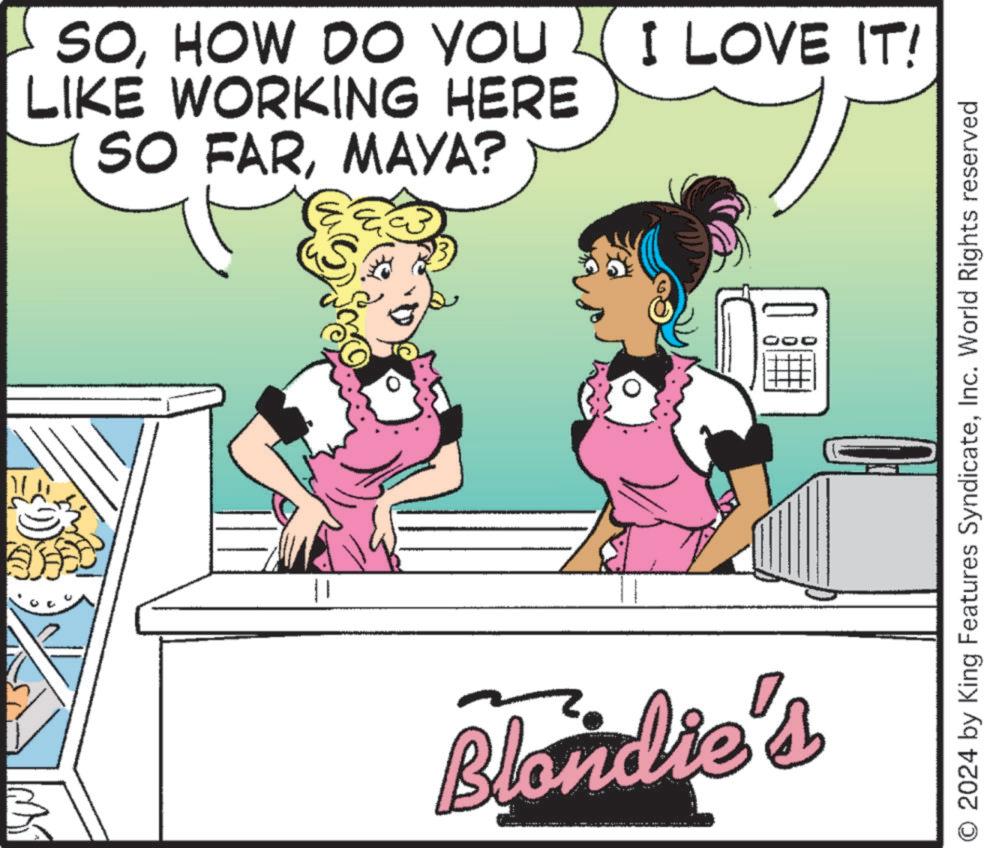 Pink OCR: SOHOW DO YOU LIKE WORKING HERE SO FARMAYA? I LOVE IT! || Blondie's 00 O 2024 by King Features SyndicateInc. World Rights reserved SOHOW DO YOU LIKE WORKING HERE SO FARMAYA ? I LOVE IT ! || Blondie's 00 O 2024 by King Features SyndicateInc. World Rights reserved