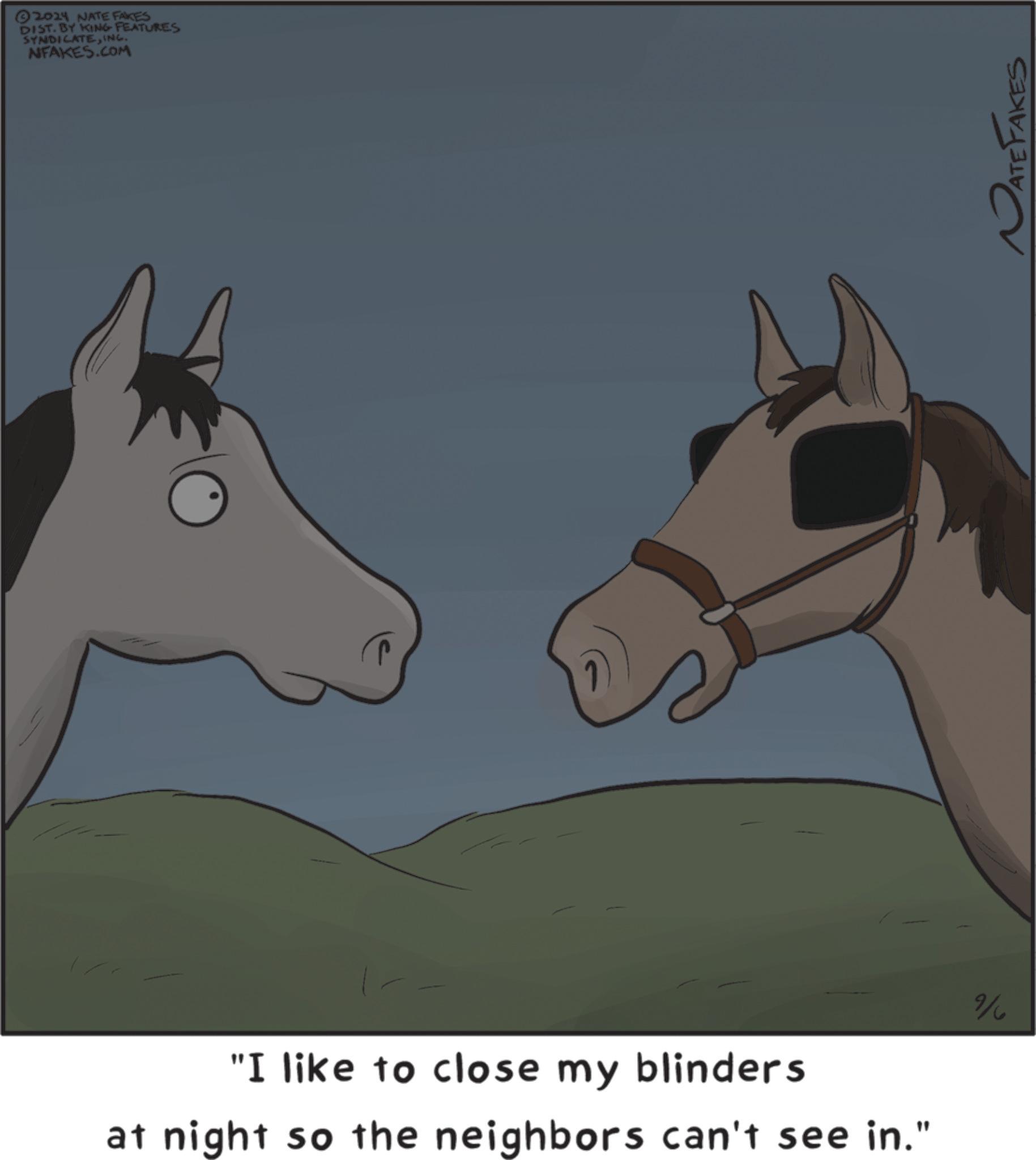 Working animal OCR: 2024 NATE FAKES DIST. BY KING FEATURES SYNDICATEINC. NFAKES.COM "I like to close my blinders at night so the neighbors can't see in." 9/ ATETAKES 2024 NATE FAKES DIST . BY KING FEATURES SYNDICATEINC . NFAKES.COM " I like to close my blinders at night so the neighbors can't see in . " 9 / ATETAKES