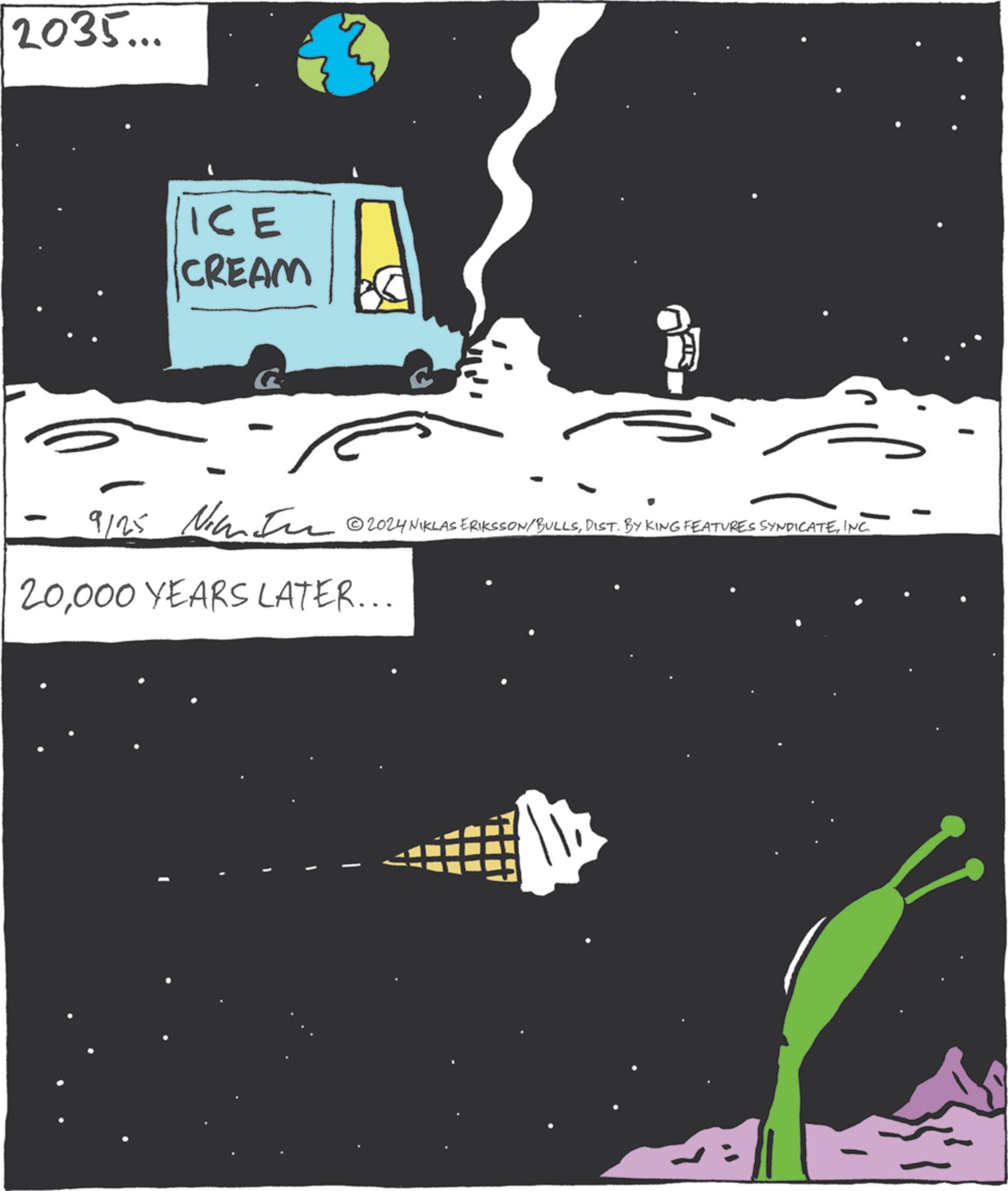 Graphic design OCR: 2035... ICE CREAM 9/25 2024 NIKLAS ERIKSSON/BULLSINC. 20000 YEARS LATER... 2035 ... ICE CREAM 9/25 2024 NIKLAS ERIKSSON / BULLSDIST . BY KING FEATURES SYNDICATEINC . 20000 YEARS LATER ...