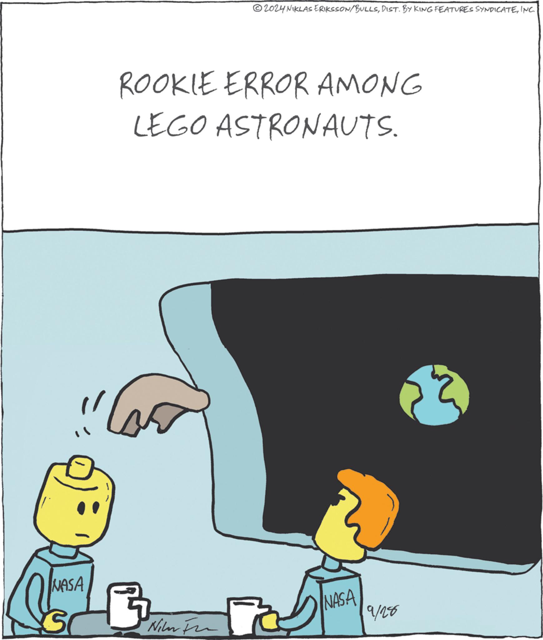 Illustration OCR: NASA 2024 NIKLAS ERIKSSON/BULLSINC. ROOKIE ERROR AMONG LEGO ASTRONAUTS. NASA Nike F 9/28 NASA 2024 NIKLAS ERIKSSON / BULLSDIST . BY KING FEATURES SYNDICATEINC . ROOKIE ERROR AMONG LEGO ASTRONAUTS . NASA Nike F 9/28
