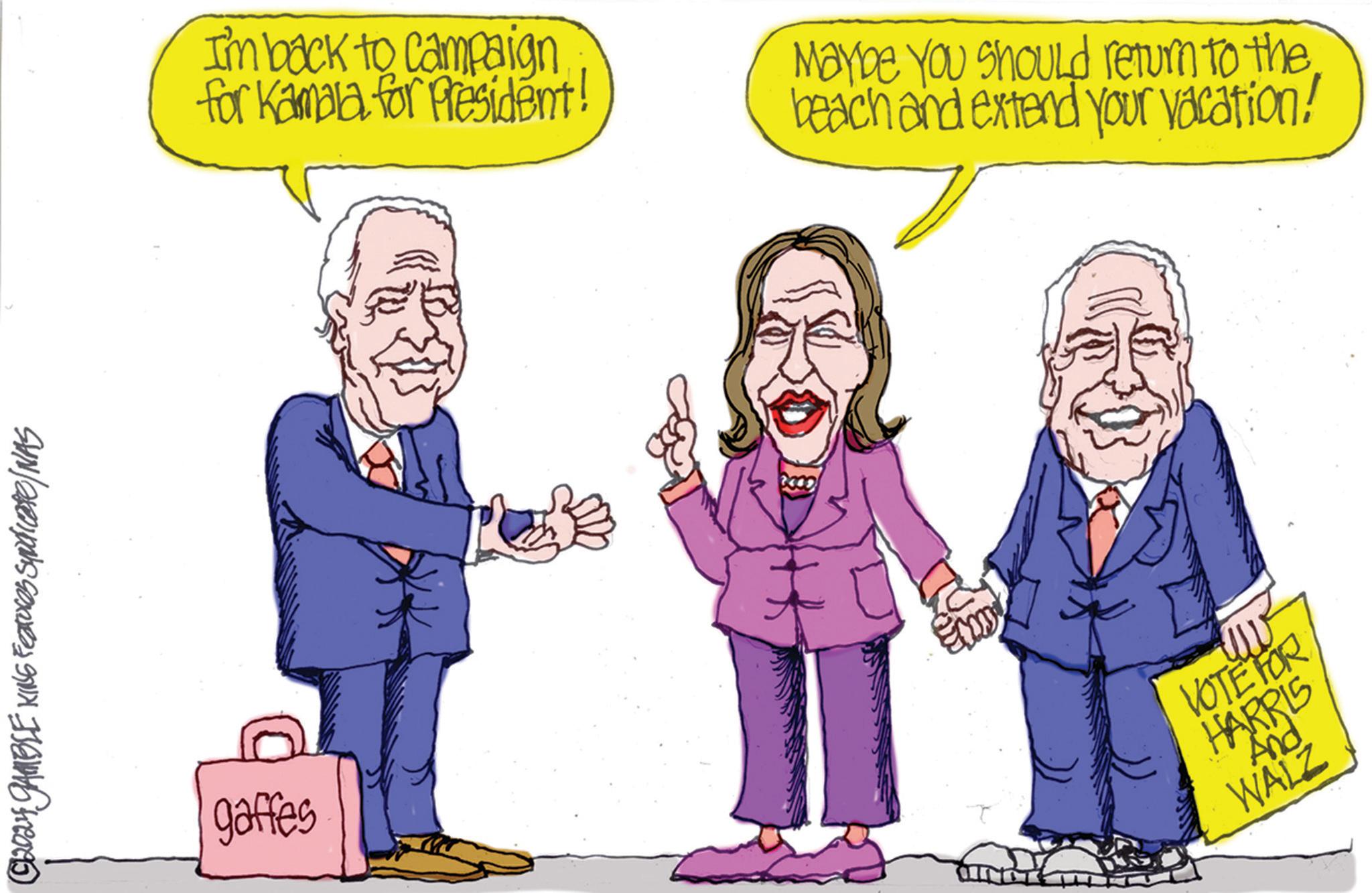 Gesture OCR: ©2024 GAMBLE KING Features Syndicate/NAS I'm back to Campaign for Kamala for President! Maybe You Should return to the beach and extend your vacation! gaffes w VOTE FOR HARRIS And WALZ © 2024 GAMBLE KING Features Syndicate / NAS I'm back to Campaign for Kamala for President ! Maybe You Should return to the beach and extend your vacation ! gaffes w VOTE FOR HARRIS And WALZ