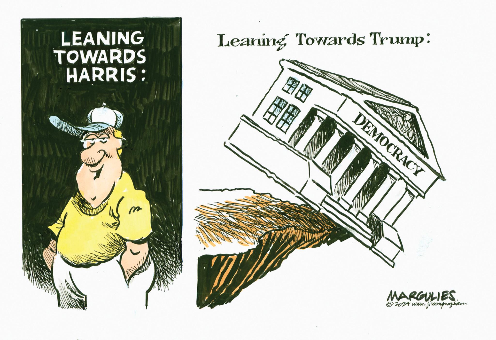 Graphic design OCR: LEANING TOWARDS HARRIS: Leaning Towards Trump: ?? DEMOCRACY ? m MARGULIES © 2024 www.jimmymazon LEANING TOWARDS HARRIS : Leaning Towards Trump : ?? DEMOCRACY ? m MARGULIES © 2024 www.jimmymazon