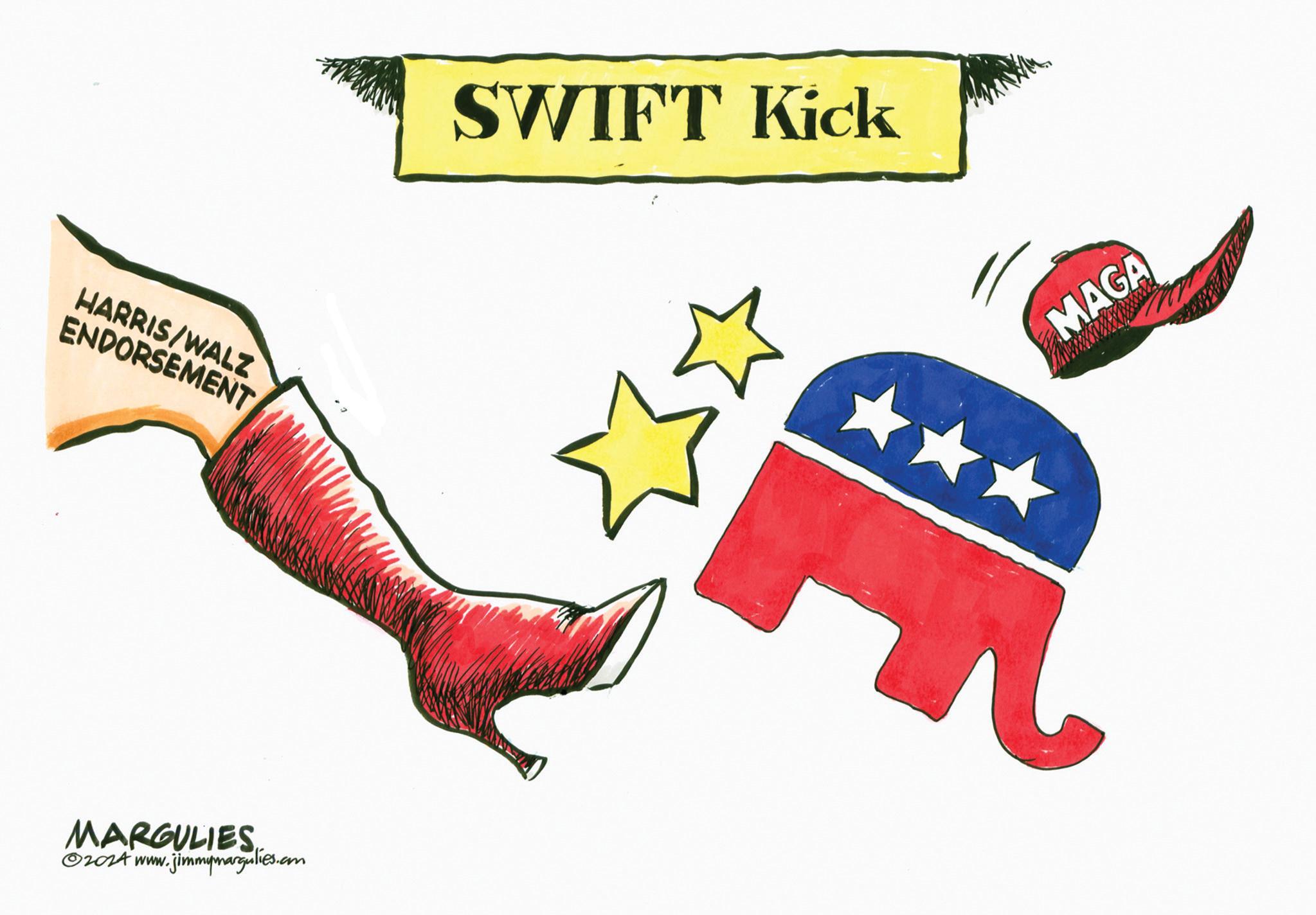 Electric blue OCR: HARRIS/WALZ ENDORSEMENT MARGULIES ©2014 www. w.jimmymargulies.com SWIFT Kick MAGA HARRIS / WALZ ENDORSEMENT MARGULIES © 2014 www . w.jimmymargulies.com SWIFT Kick MAGA