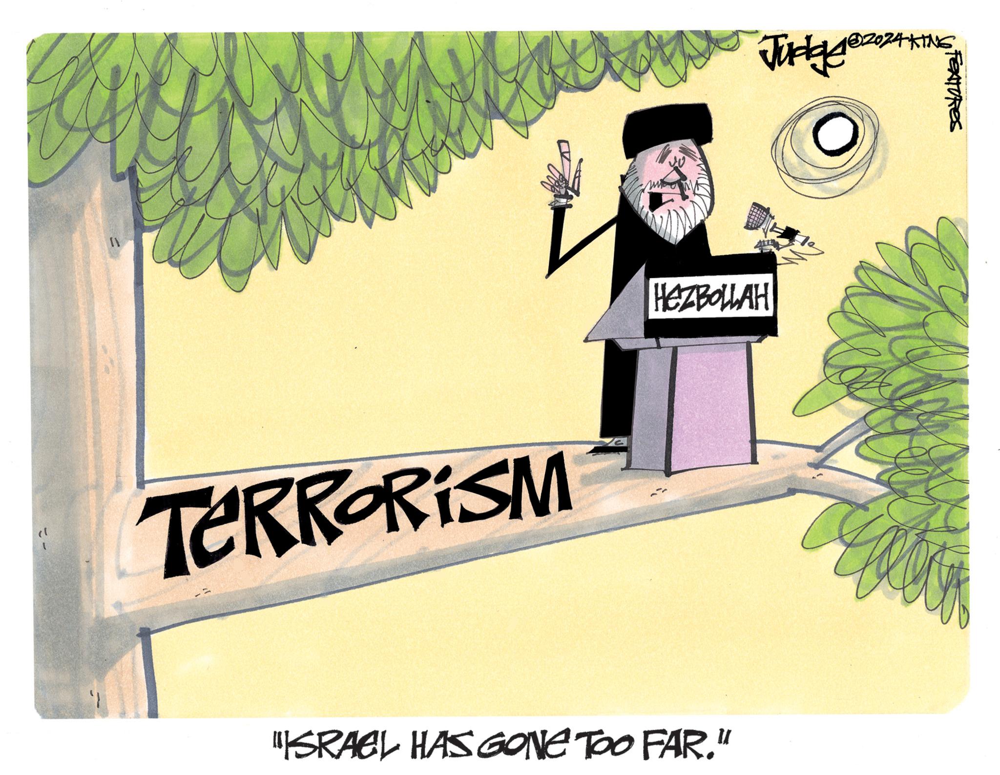 Tree OCR: " TERRORISM HEZBOLLAH "ISRAEL HAS GONE TOO FAR." Judge 4KING. " TERRORISM HEZBOLLAH " ISRAEL HAS GONE TOO FAR . " Judge 4KING .