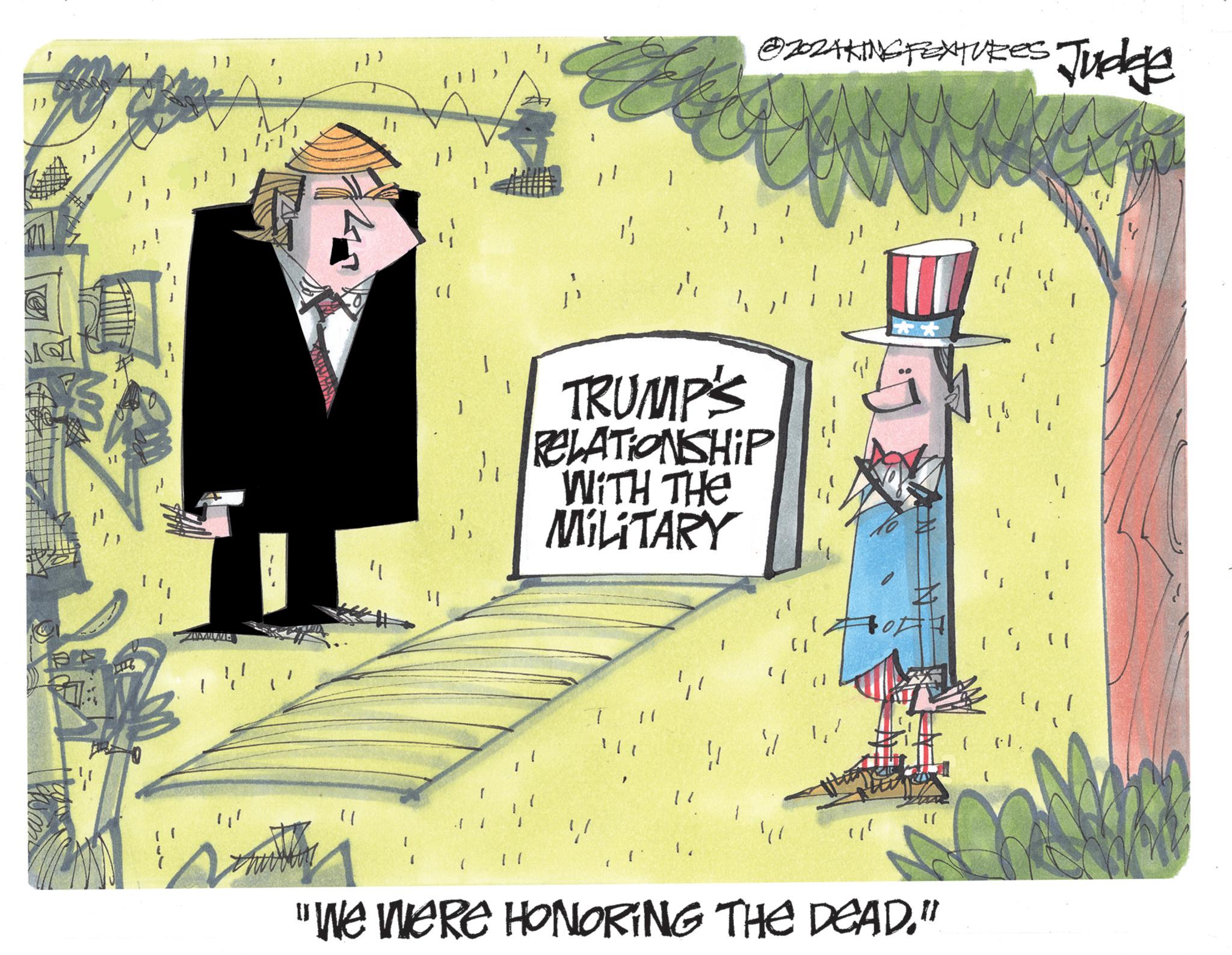 Drawing OCR: 1) " }) ) " @202AKING FEATURES Judge " TRUMP'S RELATIONSHIP WITH THE MILITARY11 !! 1. [ 1 " (1 ** ??? "We Were HONORING THE DEAD.". ( ( ). I 1 ) " } ) ) " @ 202AKING FEATURES Judge " TRUMP'S RELATIONSHIP WITH THE MILITARY11 !! 1 . [ 1 " ( 1 ** ??? " We Were HONORING THE DEAD . " . ( ( ) . I
