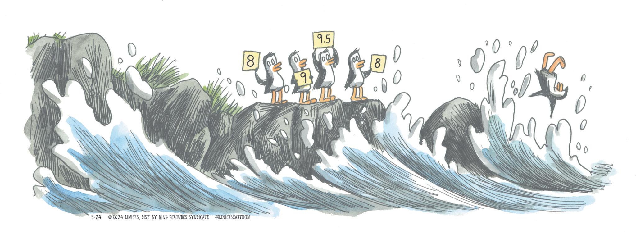 Flightless bird OCR: 8 9.5 9-24 2024 LINIERSDIST. BY KING FEATURES SYNDICATE @LINIERSCARTOON 8 00 8 9.5 9-24 2024 LINIERSDIST . BY KING FEATURES SYNDICATE @LINIERSCARTOON 8 00