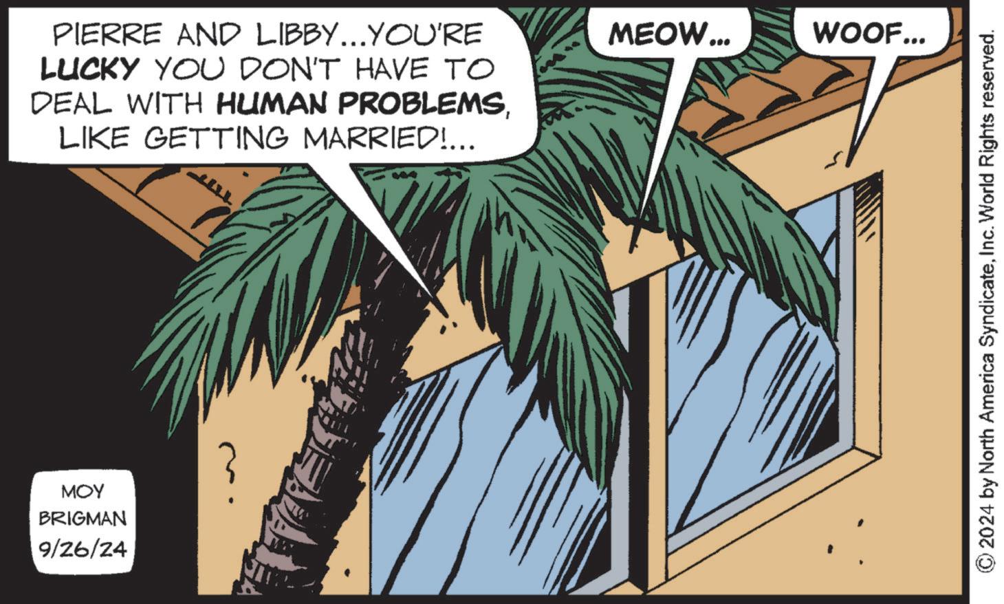 Arecales OCR: PIERRE AND LIBBY...YOU'RE LUCKY YOU DON'T HAVE TO DEAL WITH HUMAN PROBLEMSLIKE GETTING MARRIED!... MOY BRIGMAN 9/26/24 ? MEOW... WOOF... © 2024 by North America SyndicateInc. World Rights reserved. PIERRE AND LIBBY ... YOU'RE LUCKY YOU DON'T HAVE TO DEAL WITH HUMAN PROBLEMSLIKE GETTING MARRIED ! ... MOY BRIGMAN 9/26/24 ? MEOW ... WOOF ... © 2024 by North America SyndicateInc. World Rights reserved .