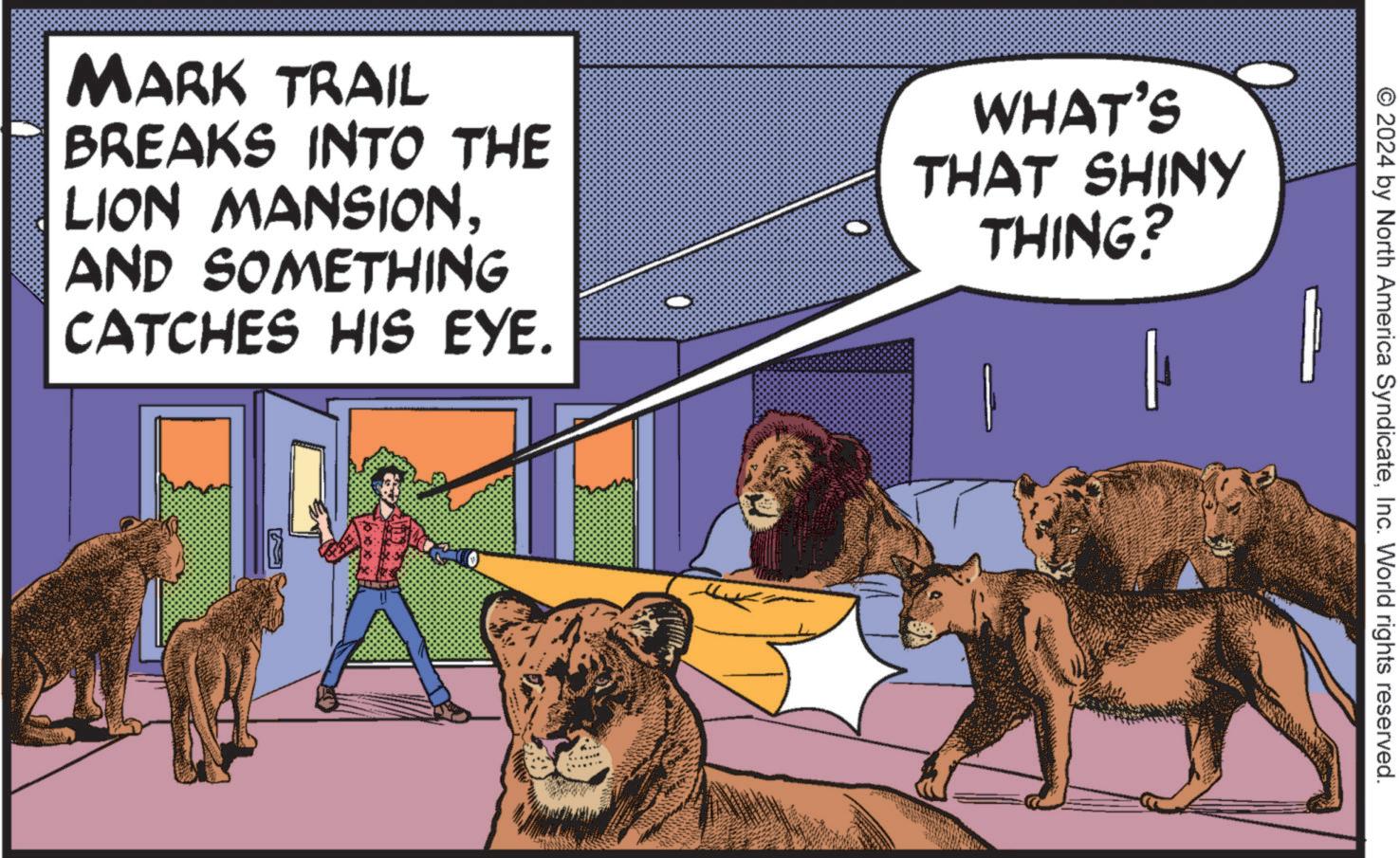 People OCR: © 2024 by North America SyndicateInc. World rights reserved. MARK TRAIL BREAKS INTO THE LION MANSIONAND SOMETHING CATCHES HIS EYE. O WHAT'S THAT SHINY THING? © 2024 by North America SyndicateInc. World rights reserved . MARK TRAIL BREAKS INTO THE LION MANSIONAND SOMETHING CATCHES HIS EYE . O WHAT'S THAT SHINY THING ?