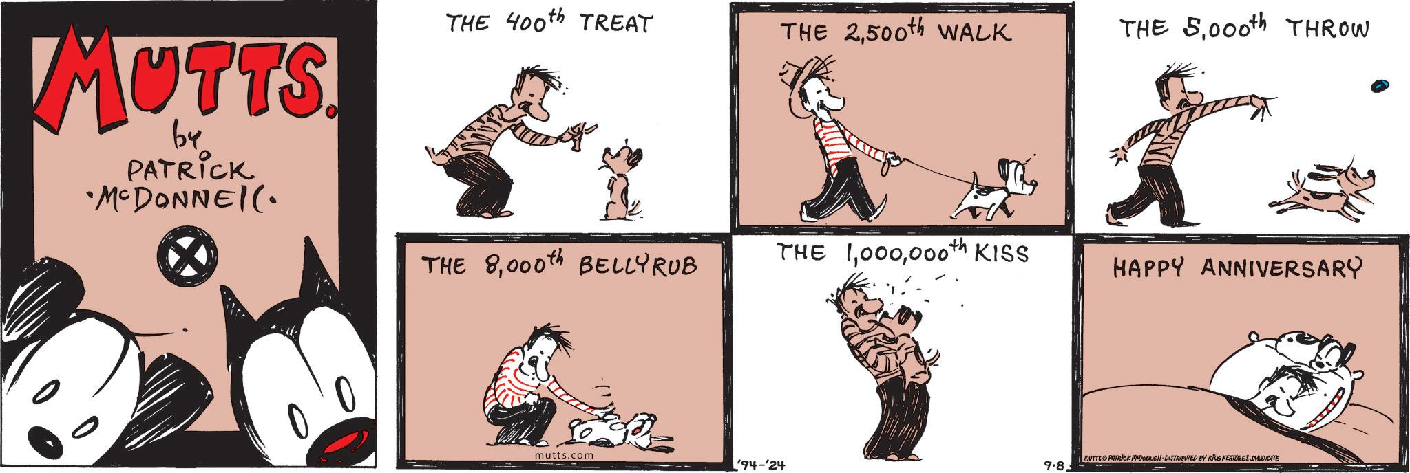 Terrestrial animal OCR: MUTTS by PATRICK •MCDONNEL (• THE 400th TREAT THE 2500th WALK THE 5000th THROW THE 8000th BELLYRUB THE 1000th KISS HAPPY ANNIVERSARY mutts.com MUTYS PATRICK MDOUNE DISTRIBUTED BY KING FEATURES SYNDICATE '94-'24 9.8 MUTTS by PATRICK • MCDONNEL ( • THE 400th TREAT THE 2500th WALK THE 5000th THROW THE 8000th BELLYRUB THE 1000th KISS HAPPY ANNIVERSARY mutts.com MUTYS PATRICK MDOUNE DISTRIBUTED BY KING FEATURES SYNDICATE '94 -'24 9.8
