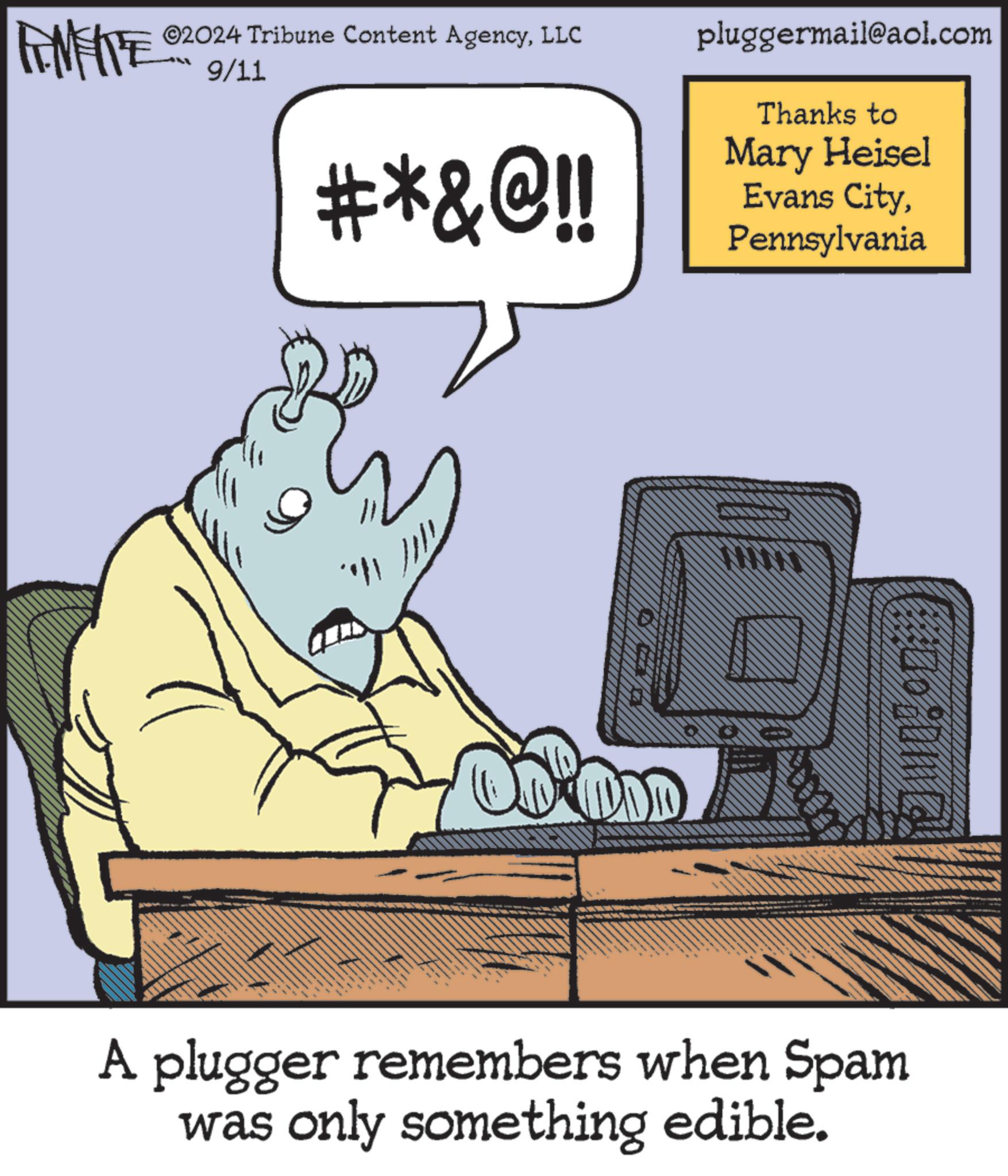 Conversation OCR: MEITE ©2024 Tribune Content AgencyLLC 9/11 #*&@!! ??? pluggermail@aol.com Thanks to Mary Heisel Evans CityPennsylvania A plugger remembers when Spam was only something edible. MEITE © 2024 Tribune Content AgencyLLC 9/11 # * & @ !! ??? pluggermail@aol.com Thanks to Mary Heisel Evans CityPennsylvania A plugger remembers when Spam was only something edible .