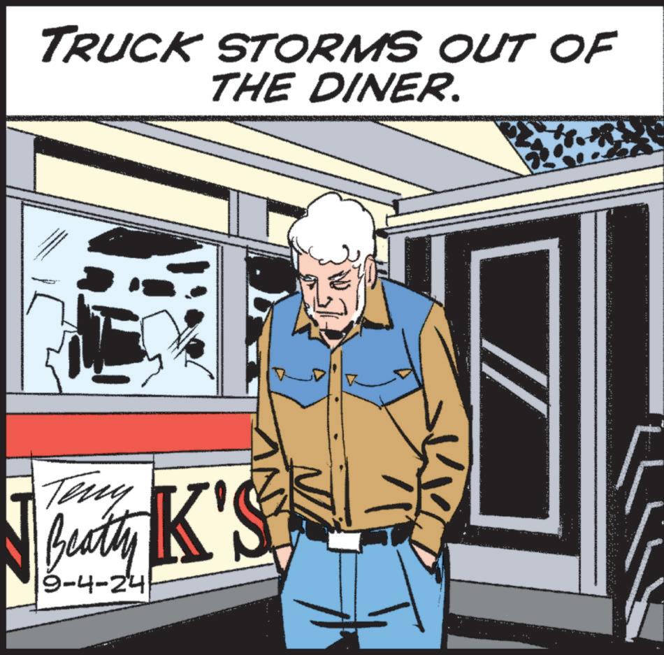 Fictional character OCR: TRUCK STORMS OUT OF THE DINER. Teny Beatty K'S 9-4-24 TRUCK STORMS OUT OF THE DINER . Teny Beatty K'S 9-4-24