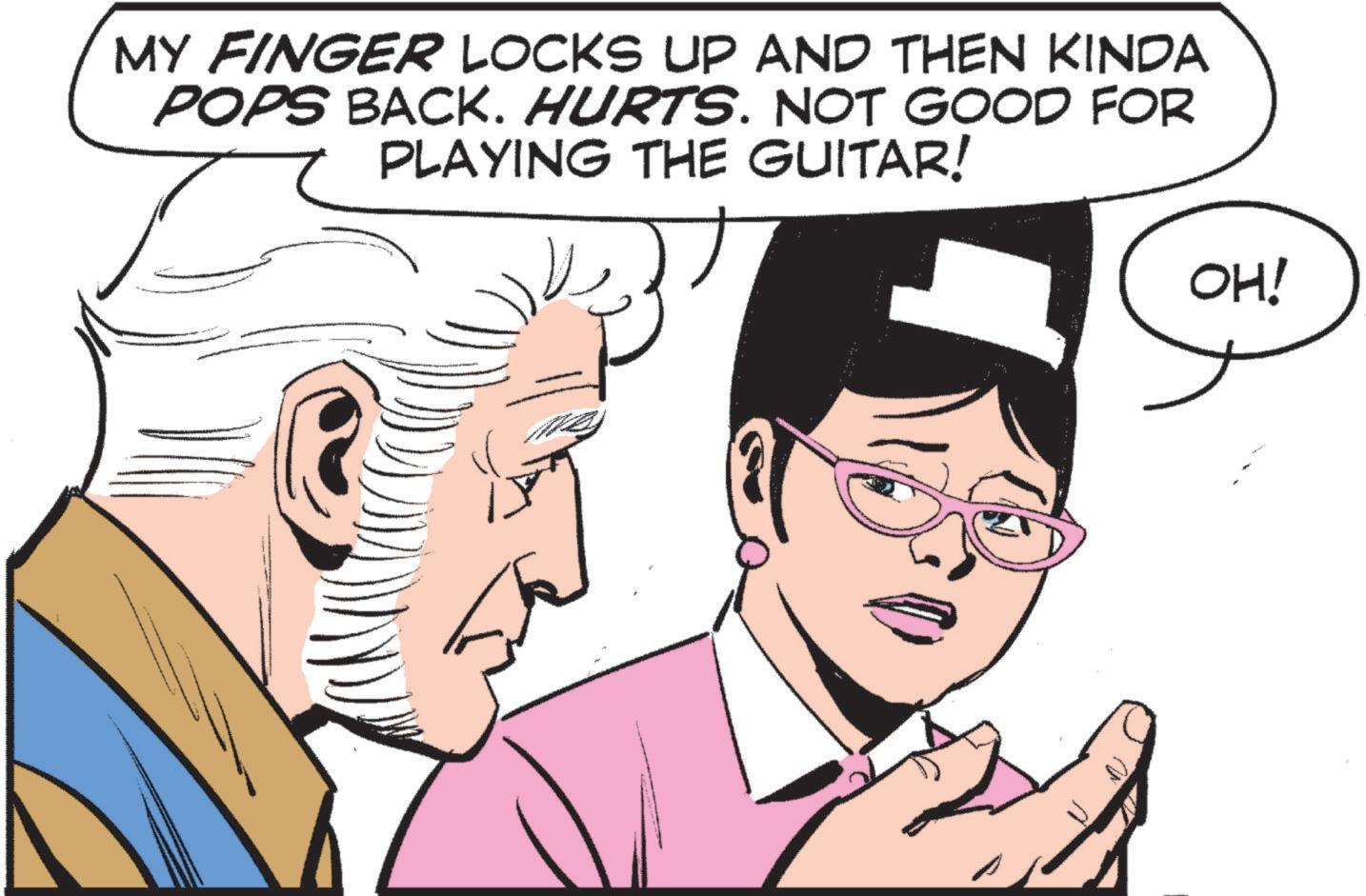 Finger OCR: MY FINGER LOCKS UP AND THEN KINDA POPS BACK. HURTS. NOT GOOD FOR PLAYING THE GUITAR! OH! MY FINGER LOCKS UP AND THEN KINDA POPS BACK . HURTS . NOT GOOD FOR PLAYING THE GUITAR ! OH !