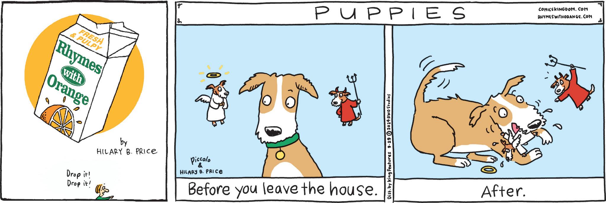 Illustration OCR: FRESH & PULPY Rhymes with Orange g" 2 PUPPIES Drop it! Drop it' by HILARY B. PRICE Piccolo & HILARY B. PRICE Before you leave the house. Dist. by king Features 9.29 ?2024 RWO Studios After. COMICSKINGDOM.COM RHYMES WITHORANGE.COM FRESH & PULPY Rhymes with Orange g " 2 PUPPIES Drop it ! Drop it ' by HILARY B. PRICE Piccolo & HILARY B. PRICE Before you leave the house . Dist . by king Features 9.29 ?2024 RWO Studios After . COMICSKINGDOM.COM RHYMES WITHORANGE.COM