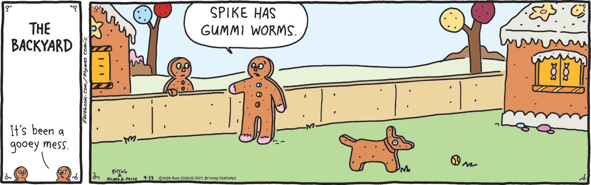 Font OCR: 2 g THE BACKYARD Facebook.com/Rhymes comic It's been a gooey mess. M. SPIKE HAS GUMMI WORMS. piccolo ? HILARY B. PRICE 9.23 2024 RWO STUDIOS DIST. BY KING FEATURES ? M- 2 g THE BACKYARD Facebook.com/Rhymes comic It's been a gooey mess . M. SPIKE HAS GUMMI WORMS . piccolo ? HILARY B. PRICE 9.23 2024 RWO STUDIOS DIST . BY KING FEATURES ? M-