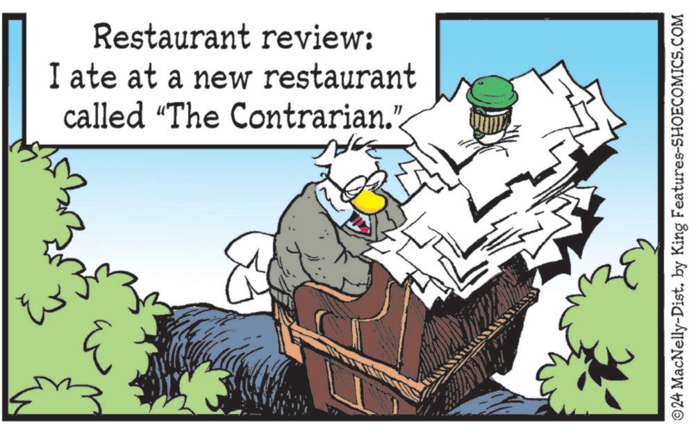 Terrestrial plant OCR: Restaurant review: I ate at a new restaurant called "The Contrarian." ©24 MacNelly-Dist. by King Features-SHOECOMICS.COM Restaurant review : I ate at a new restaurant called " The Contrarian . " © 24 MacNelly - Dist . by King Features-SHOECOMICS.COM