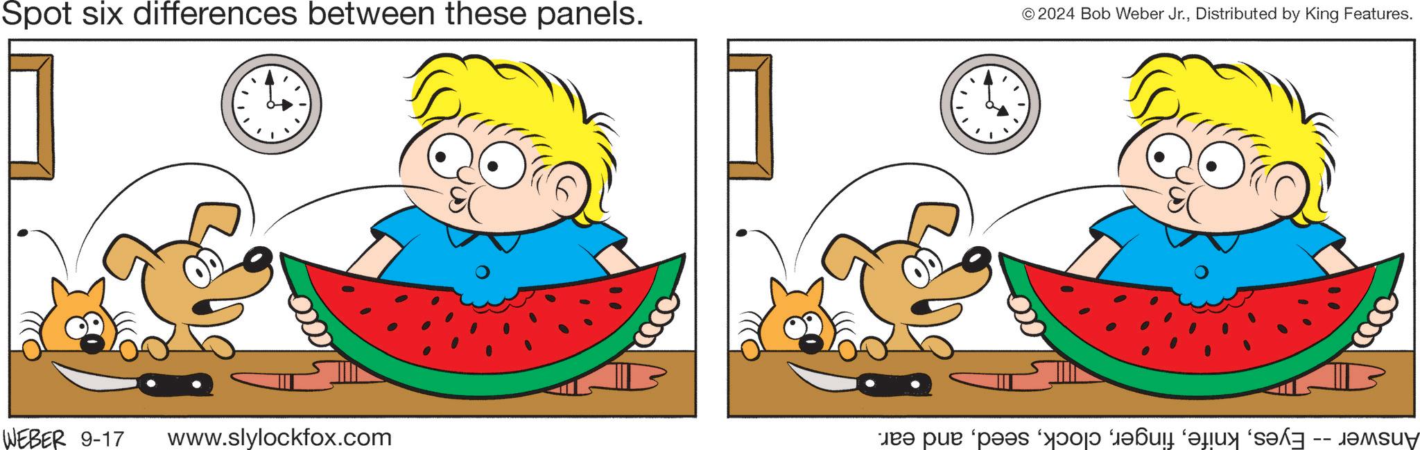 Smile OCR: Spot six differences between these panels. " © 2024 Bob Weber Jr.Distributed by King Features. ? 1 0002 WEBER 9-17 www.slylockfox.com ür? pul ‘pas a baba sa ?????? Spot six differences between these panels . " © 2024 Bob Weber Jr.Distributed by King Features . ? 1 0002 WEBER 9-17 www.slylockfox.com ür? pul ‘ pas a baba sa ??????