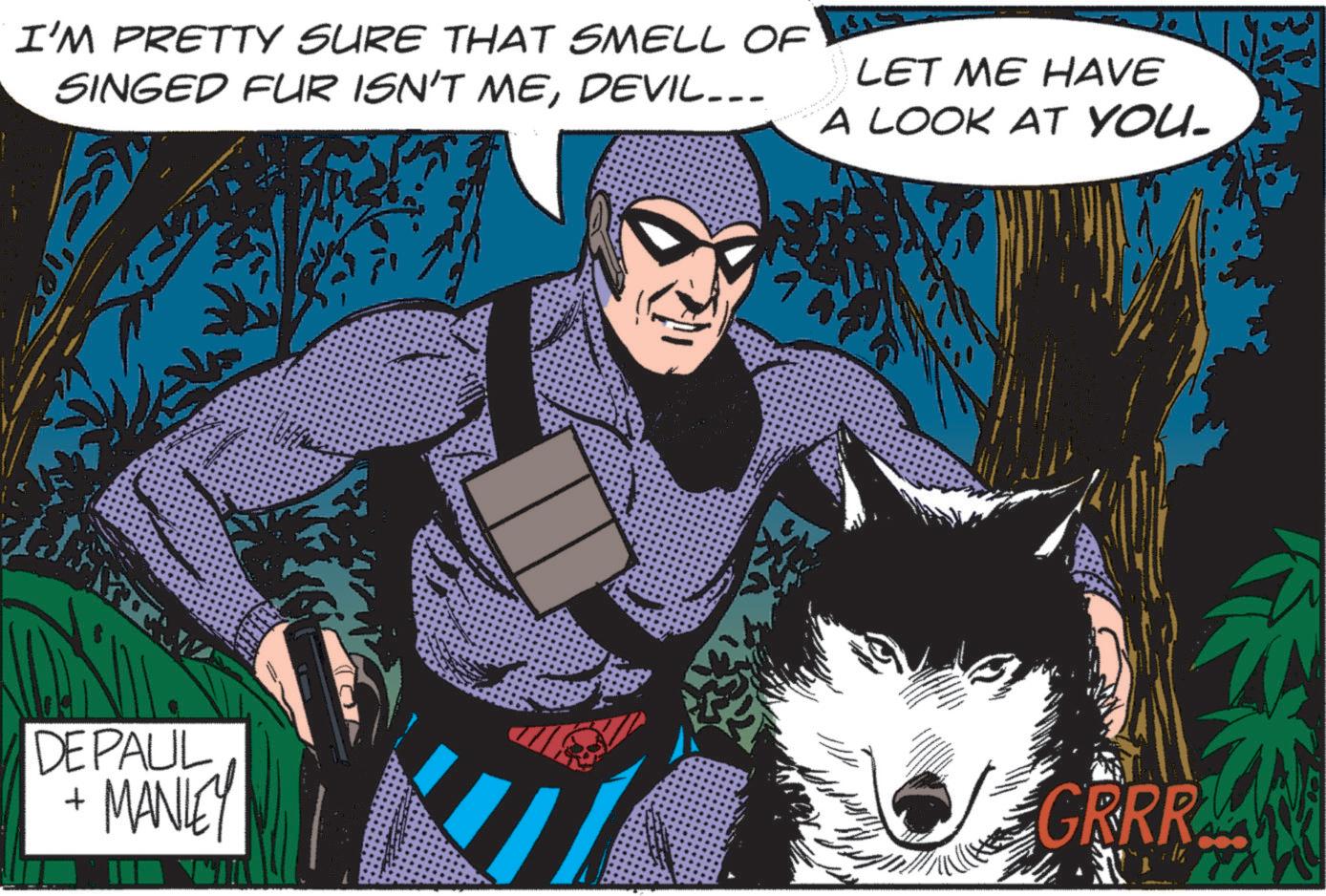 Illustration OCR: I'M PRETTY SURE THAT SMELL OF SINGED FUR ISN'T MEDEVIL... LET ME HAVE A LOOK AT YOU- DEPAUL MANLEY + GRRRLAN I'M PRETTY SURE THAT SMELL OF SINGED FUR ISN'T MEDEVIL ... LET ME HAVE A LOOK AT YOU- DEPAUL MANLEY + GRRRLAN