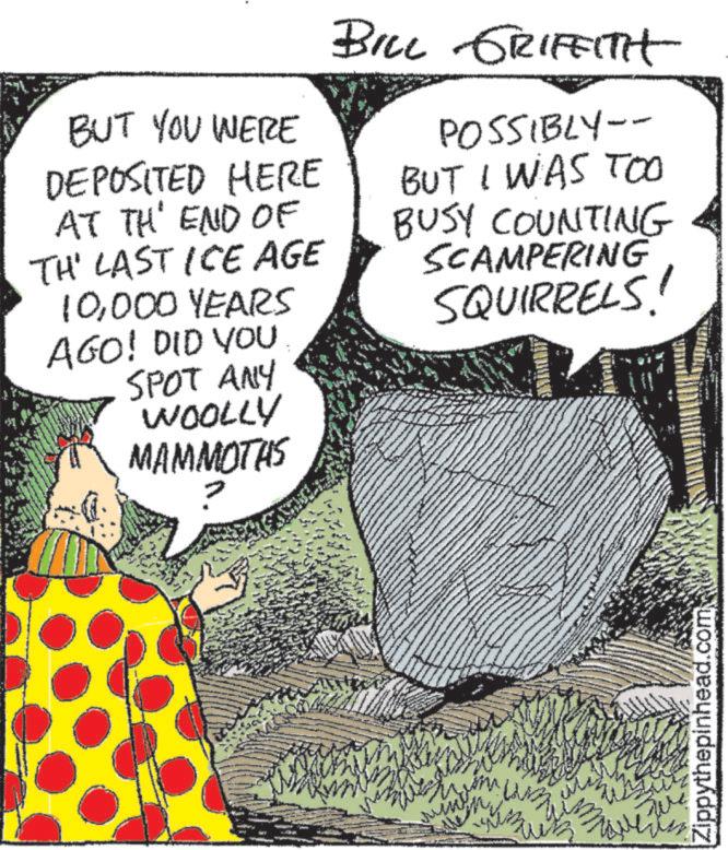 Pattern OCR: BUT YOU WERE DEPOSITED HERE AT TH' END OF TH' LAST ICE AGE 10000 YEARS AGO! DID YOU SPOT ANY WOOLLY MAMMOTHS BILL GRIFFITH POSSIBLY-- BUT I WAS TOO BUSY COUNTING SCAMPERING SQUIRRELS! Zippythepinhead.com BUT YOU WERE DEPOSITED HERE AT TH ' END OF TH ' LAST ICE AGE 10000 YEARS AGO ! DID YOU SPOT ANY WOOLLY MAMMOTHS BILL GRIFFITH POSSIBLY-- BUT I WAS TOO BUSY COUNTING SCAMPERING SQUIRRELS ! Zippythepinhead.com