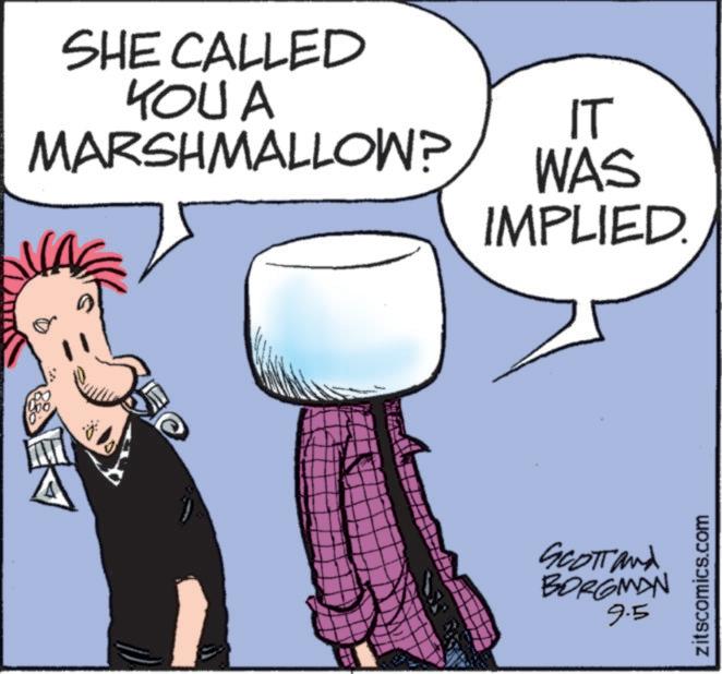 Handwriting OCR: SHE CALLED YOUA IT MARSHMALLOW? WAS IMPLIED. SCOTT and BORGMAN 9.5 zitscomics.com SHE CALLED YOUA IT MARSHMALLOW ? WAS IMPLIED . SCOTT and BORGMAN 9.5 zitscomics.com